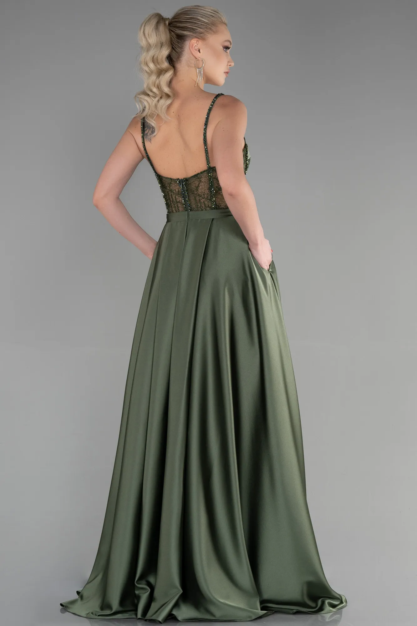 Olive Drab-Long Satin Evening Dress ABU3455