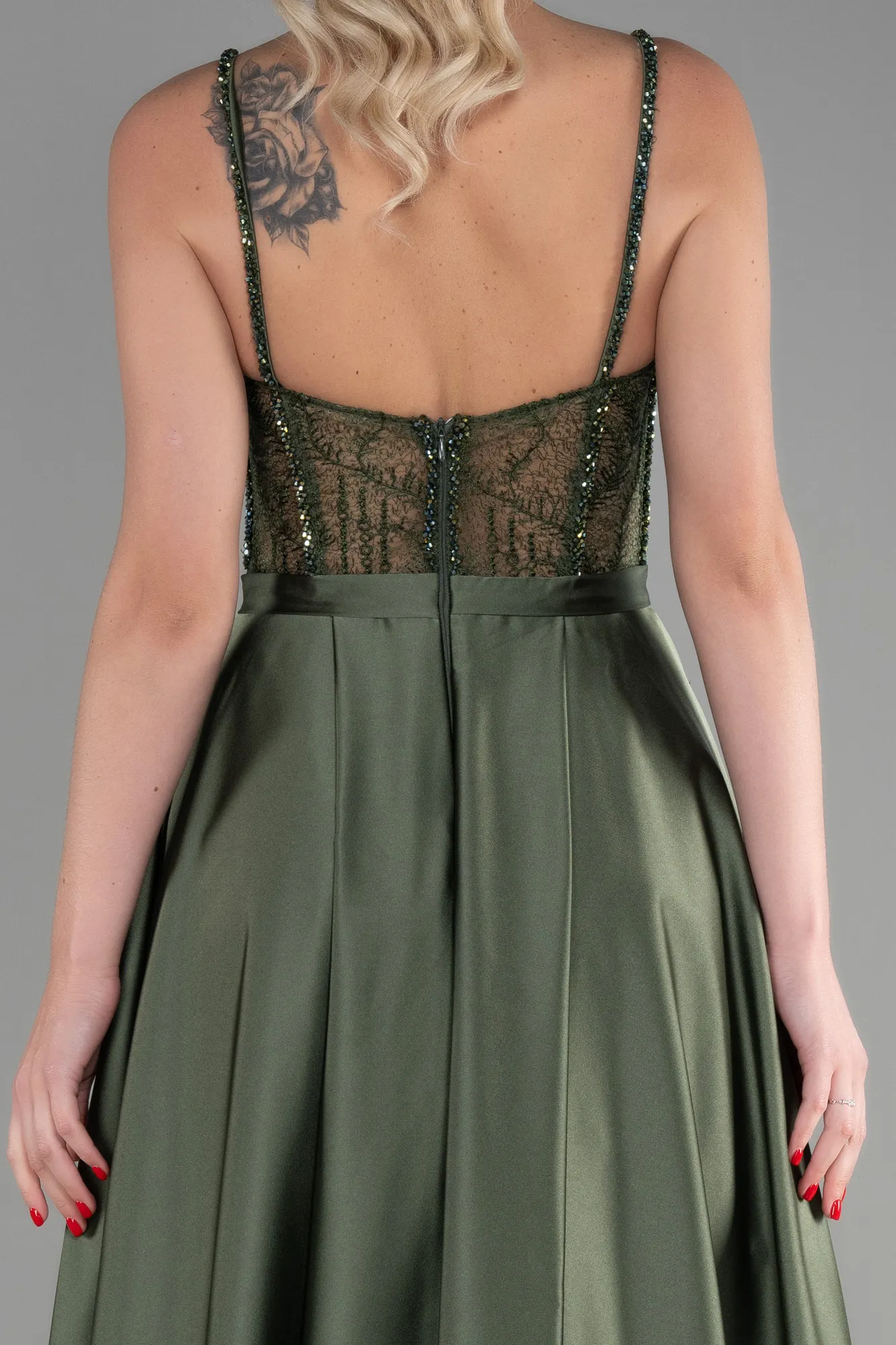 Olive Drab-Long Satin Evening Dress ABU3455