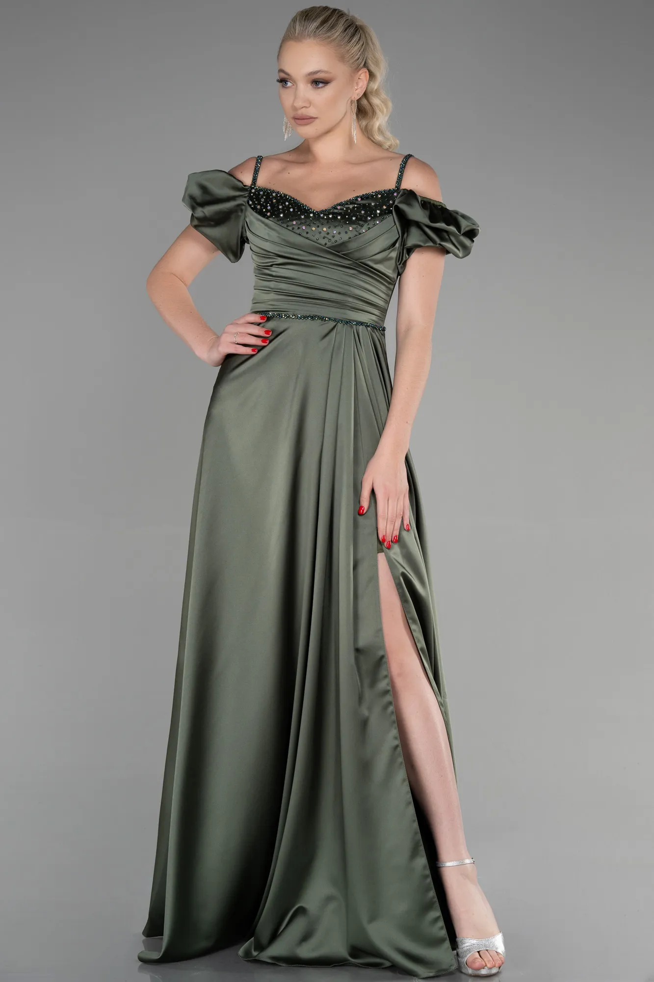 Olive Drab-Long Satin Evening Dress ABU3457