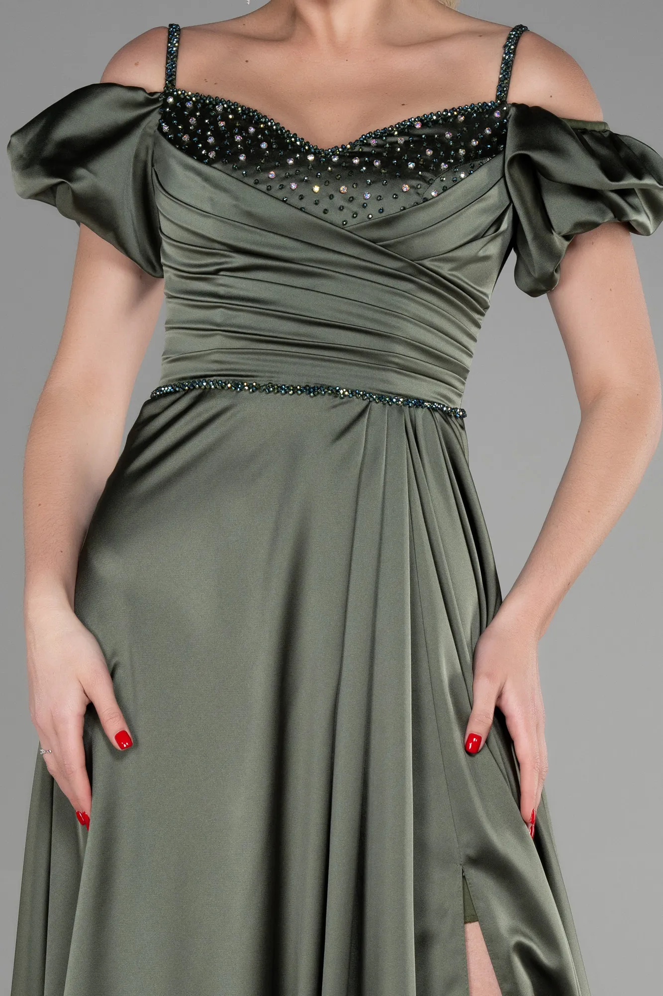 Olive Drab-Long Satin Evening Dress ABU3457