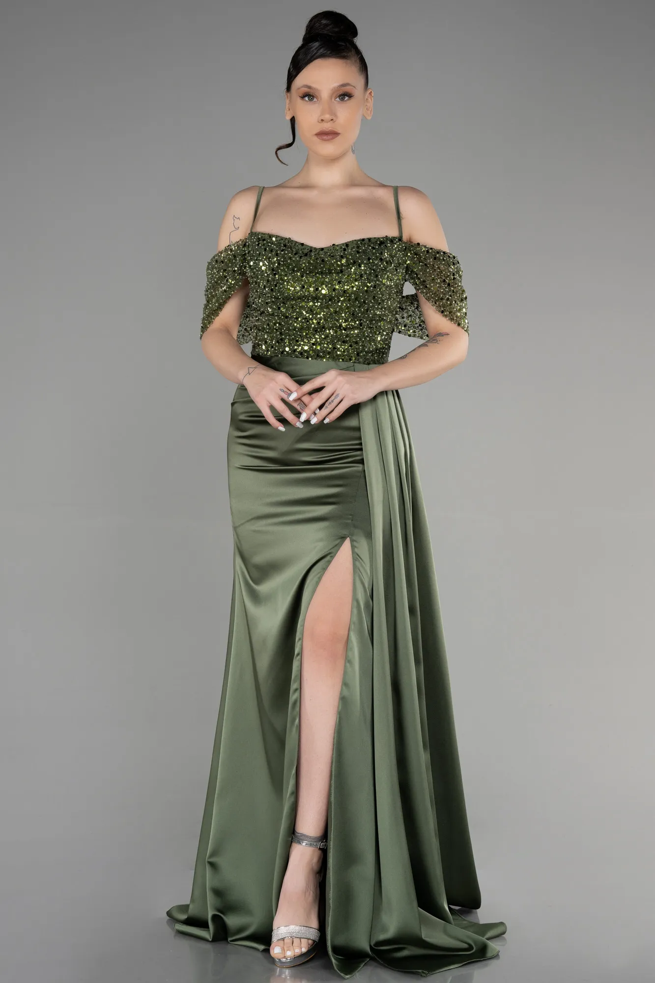 Olive Drab-Long Satin Evening Dress ABU3521
