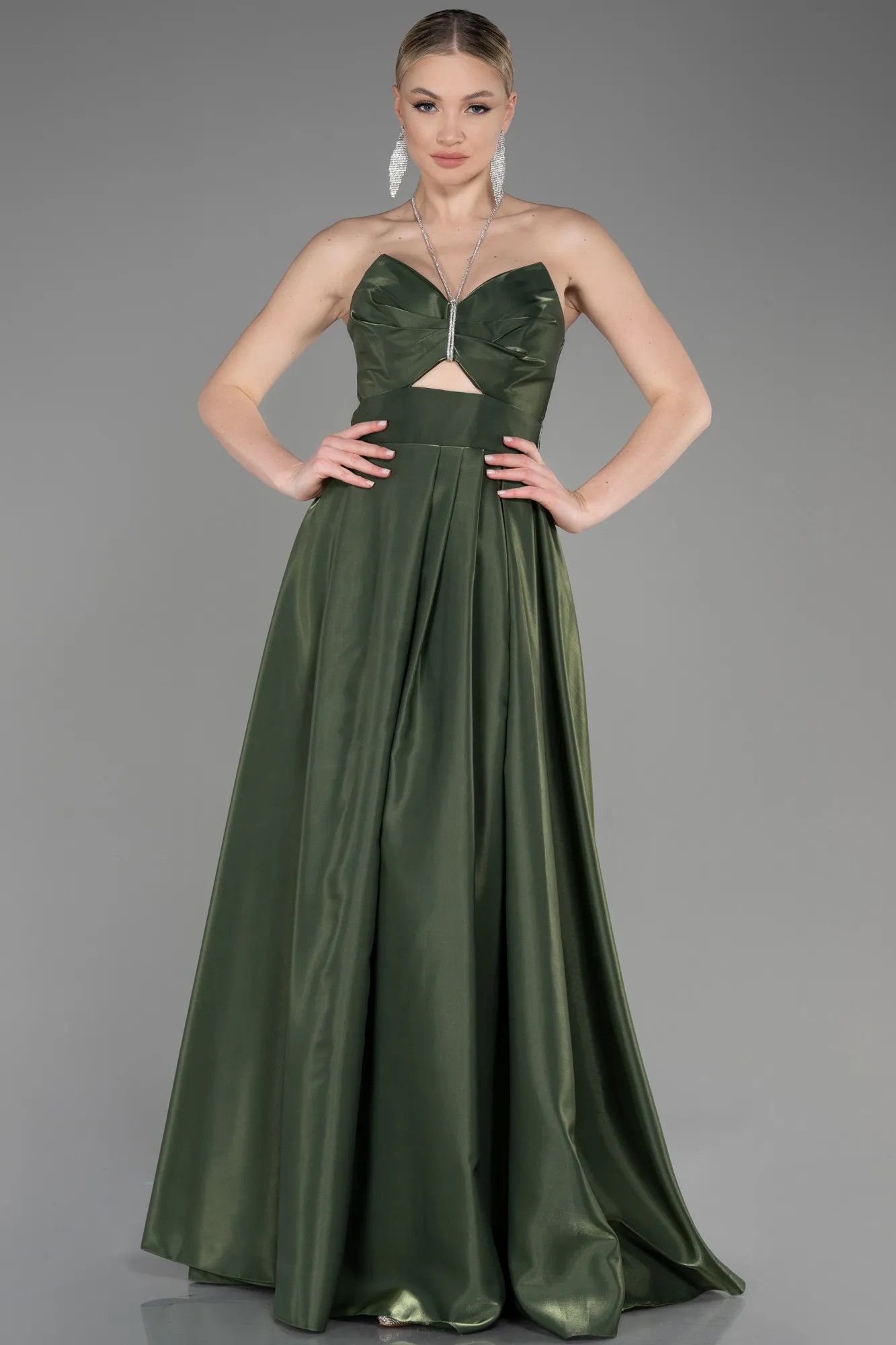 Olive Drab-Long Satin Evening Dress ABU3755