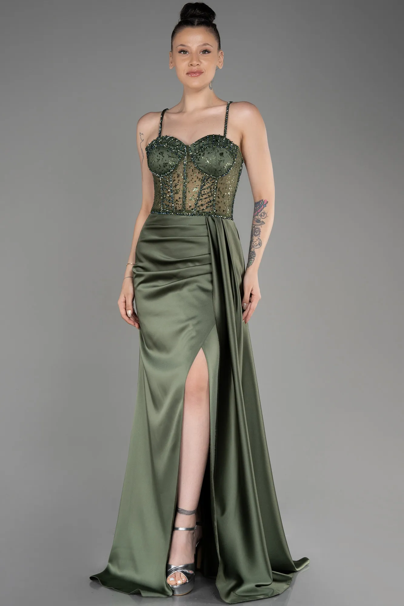 Olive Drab-Long Satin Evening Dress ABU3875