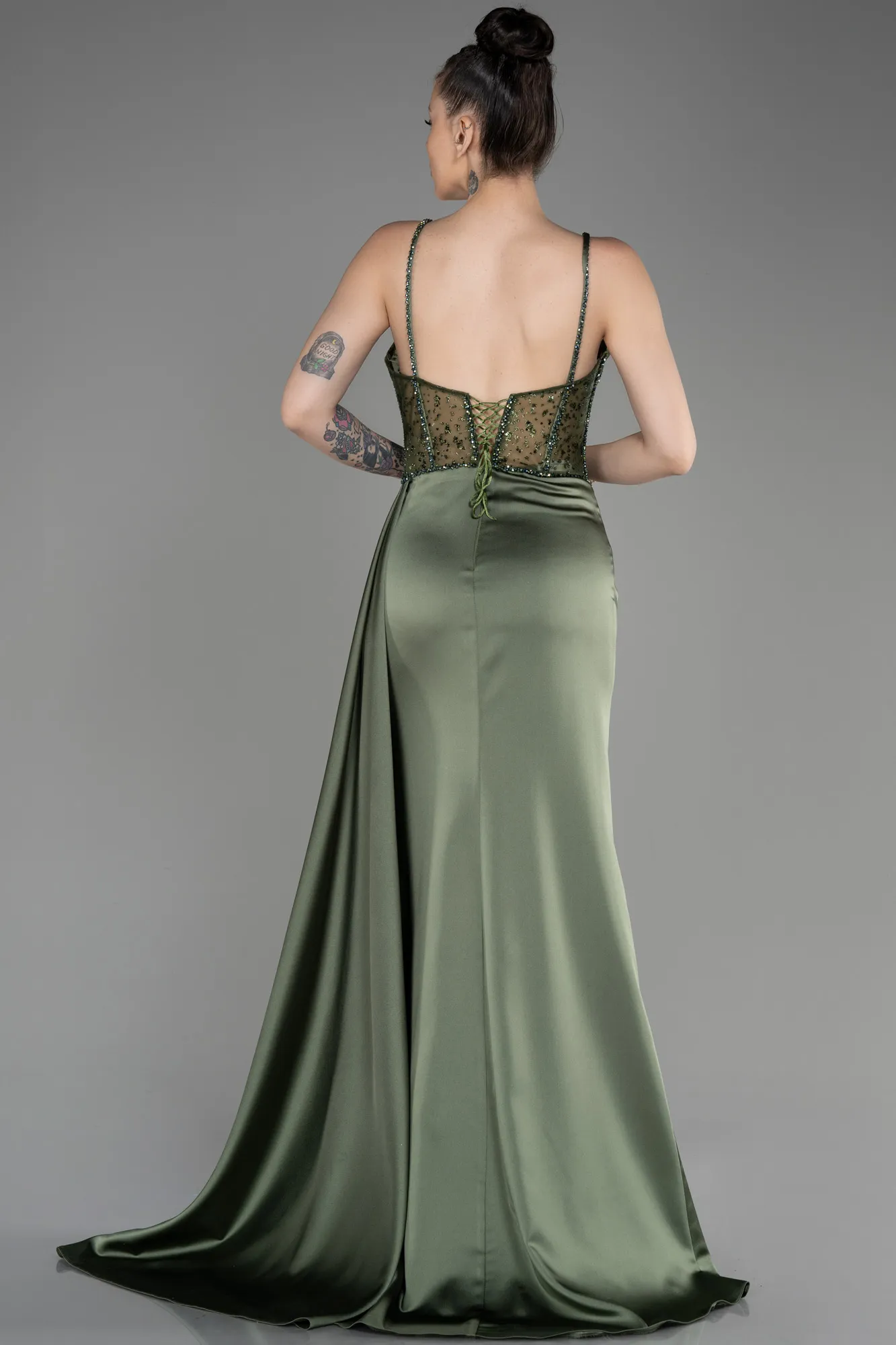 Olive Drab-Long Satin Evening Dress ABU3875