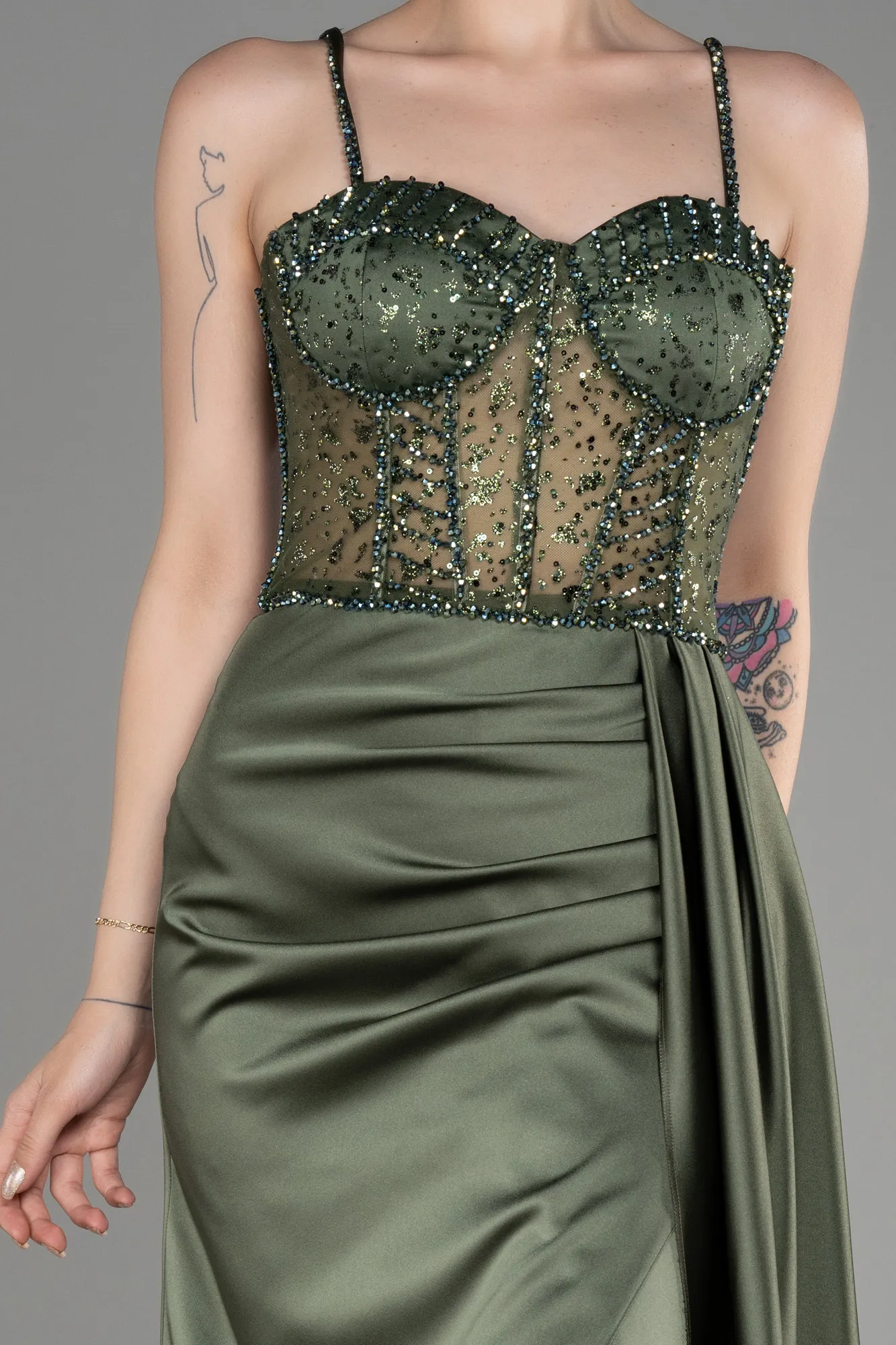 Olive Drab-Long Satin Evening Dress ABU3875