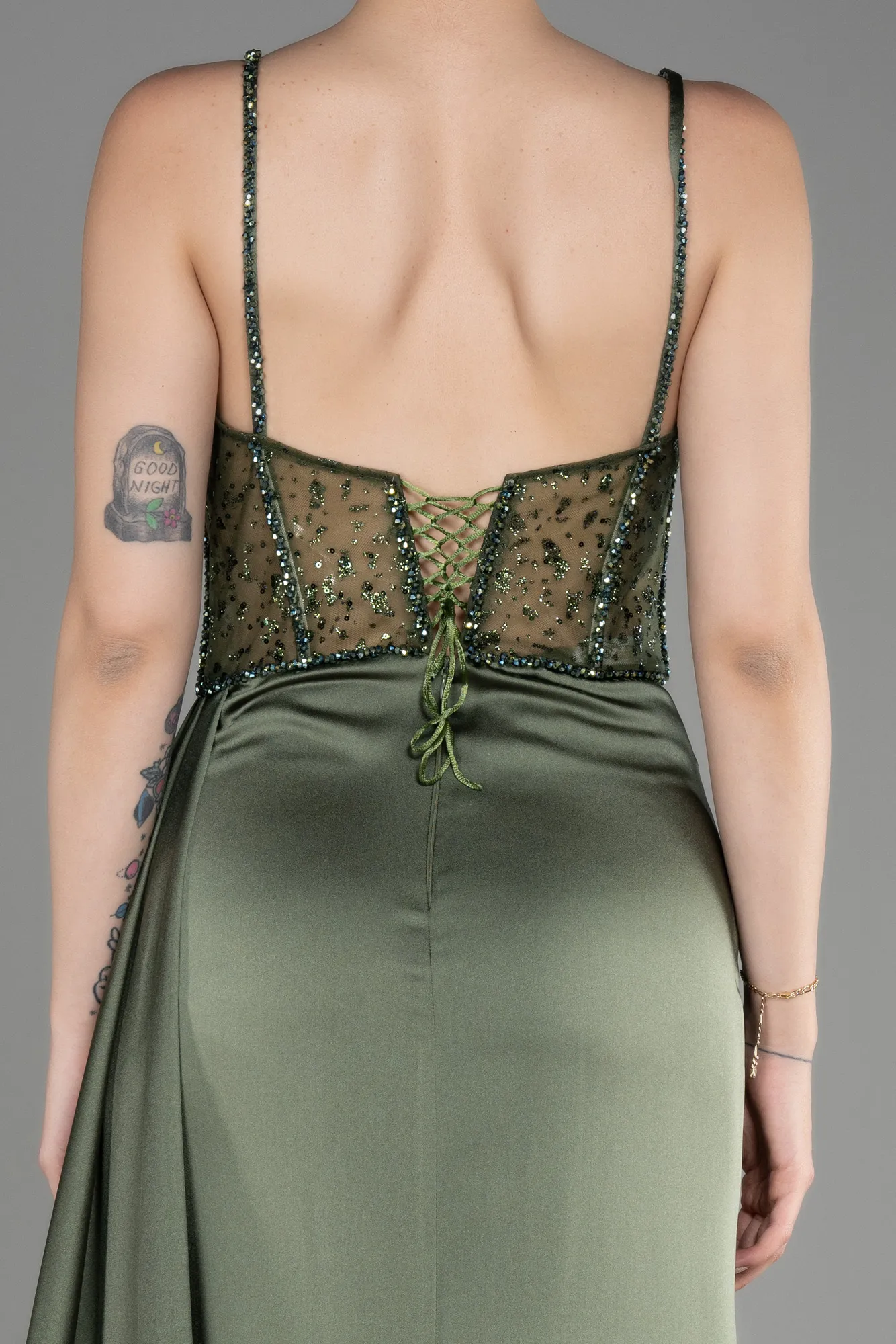 Olive Drab-Long Satin Evening Dress ABU3875