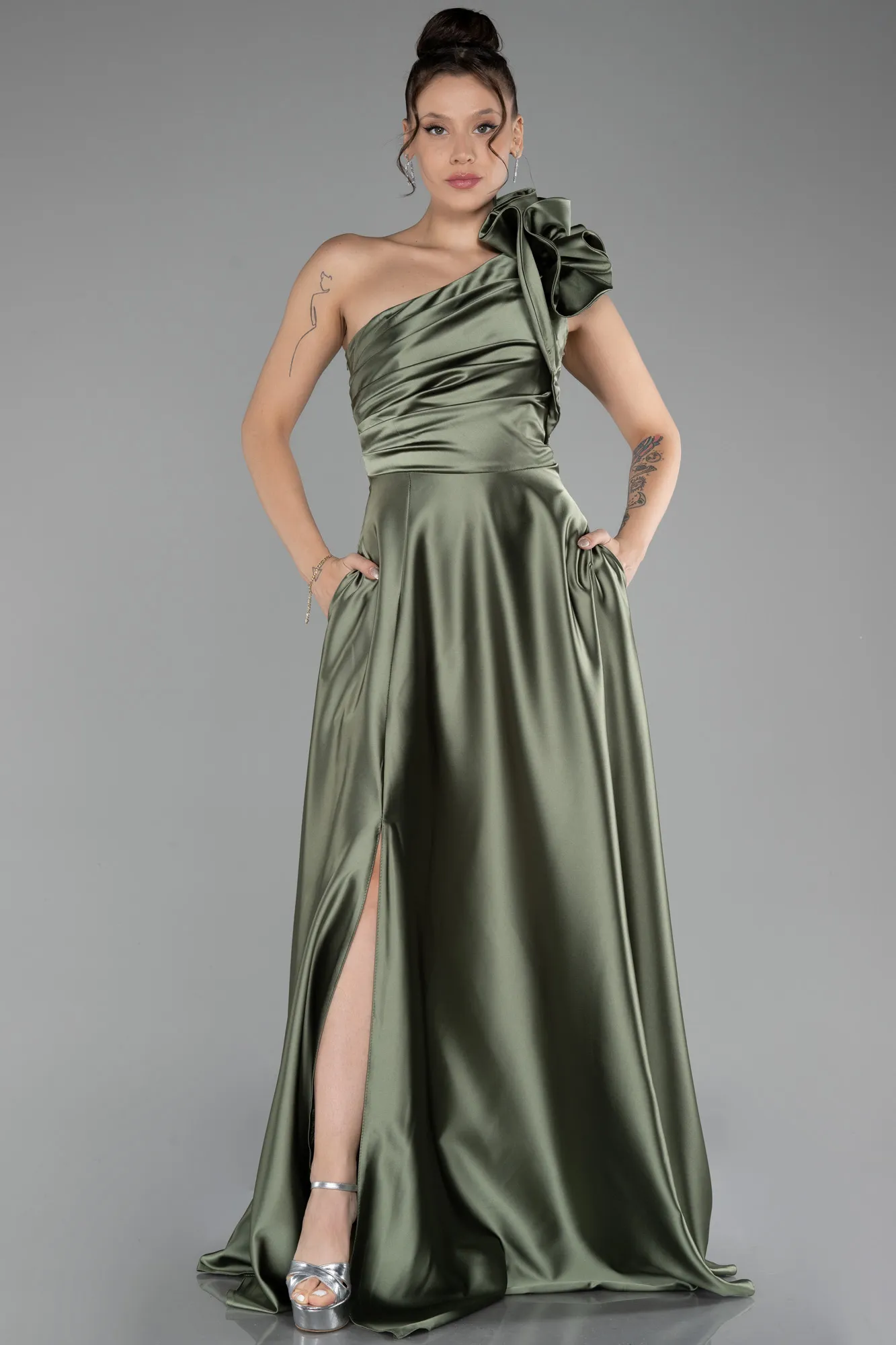 Olive Drab-Long Satin Evening Dress ABU4189