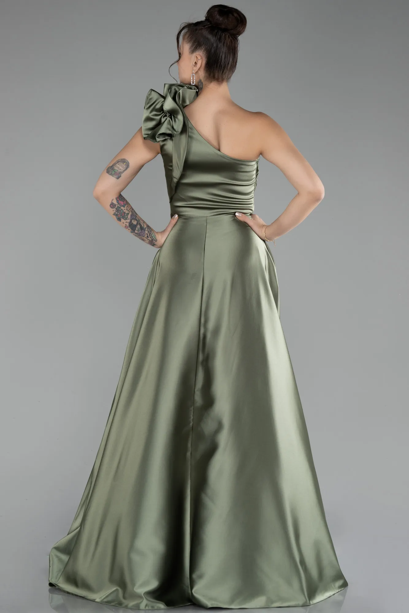 Olive Drab-Long Satin Evening Dress ABU4189