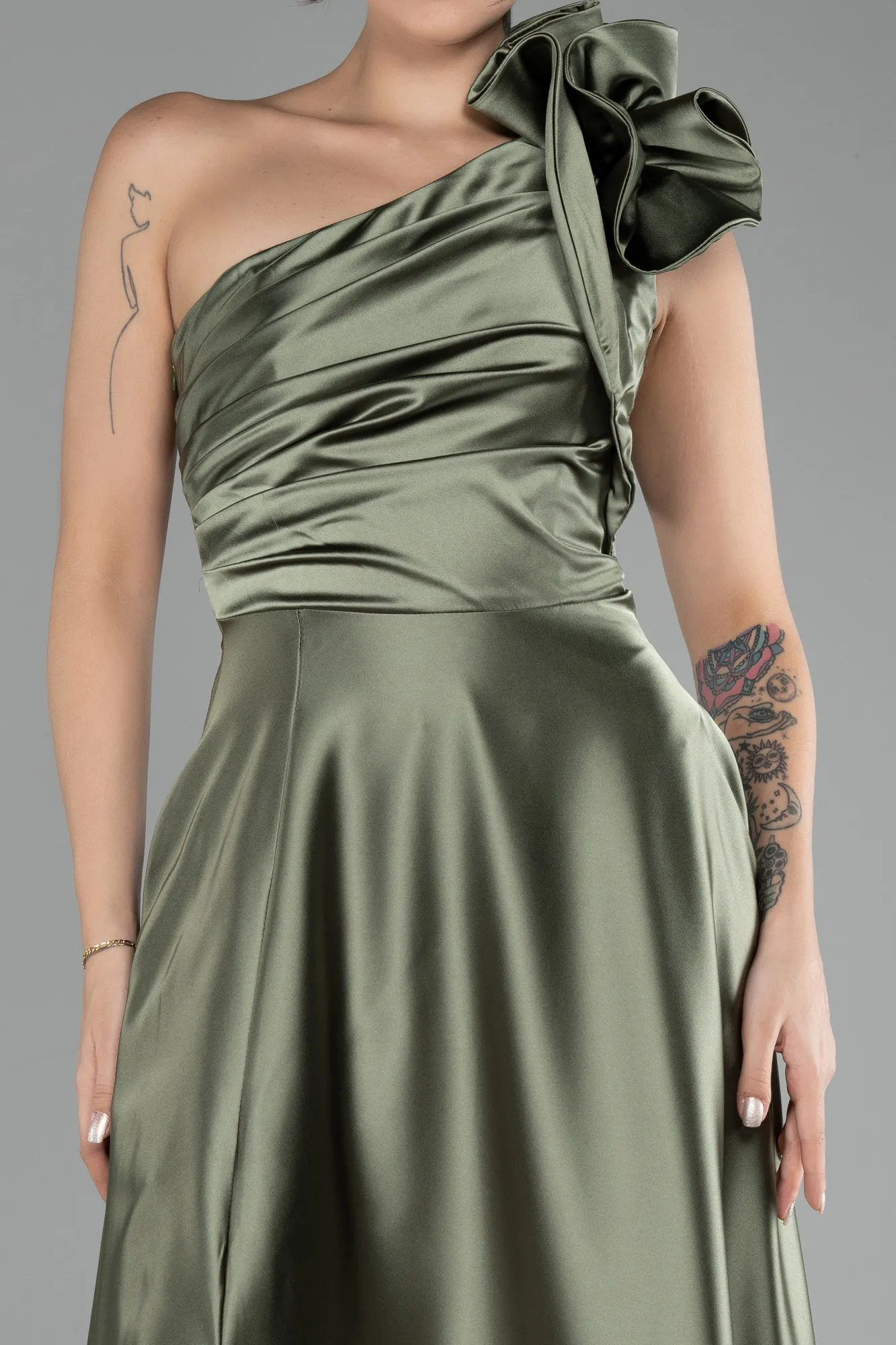 Olive Drab-Long Satin Evening Dress ABU4189