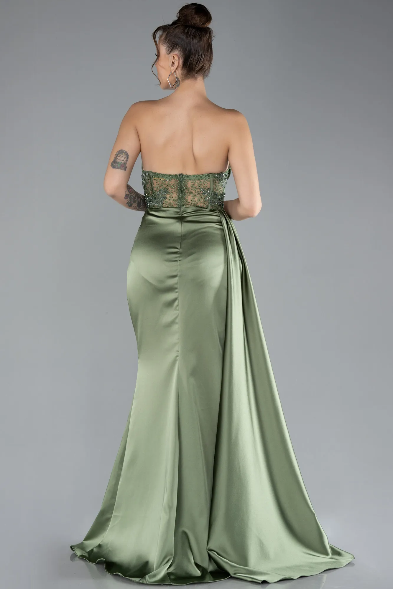 Olive Drab-Long Satin Evening Dress ABU4366