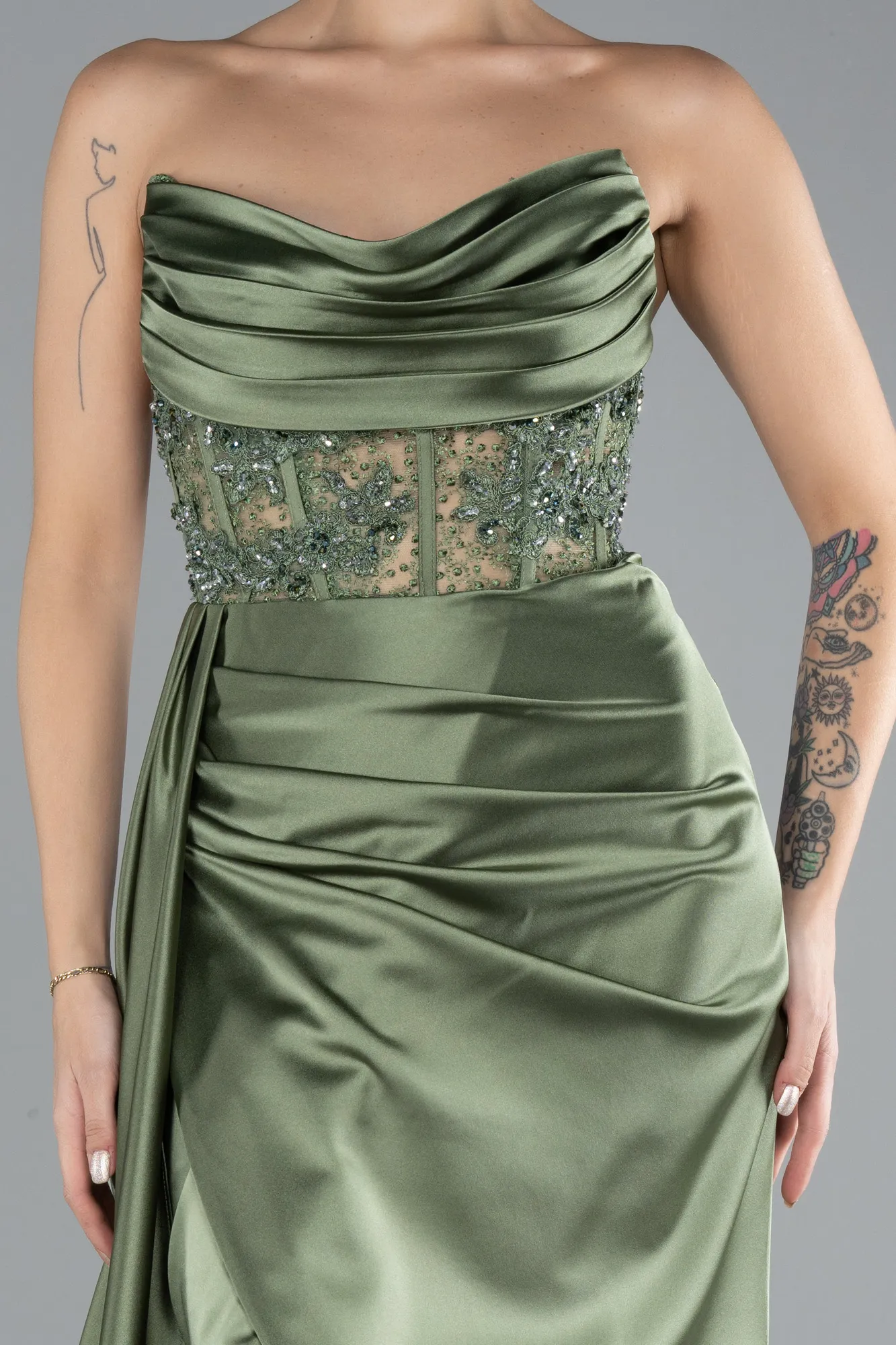 Olive Drab-Long Satin Evening Dress ABU4366