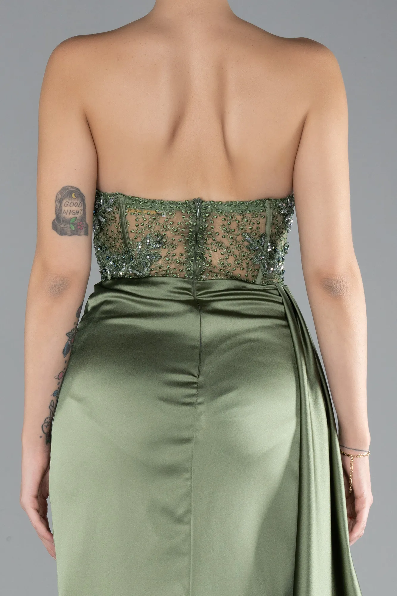 Olive Drab-Long Satin Evening Dress ABU4366