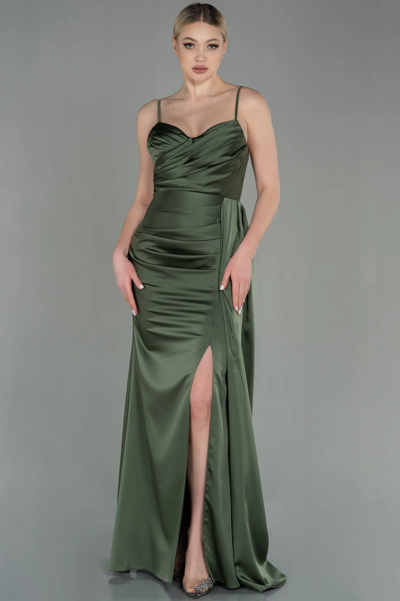 Olive Drab-Long Satin Mermaid Evening Dress ABU1894