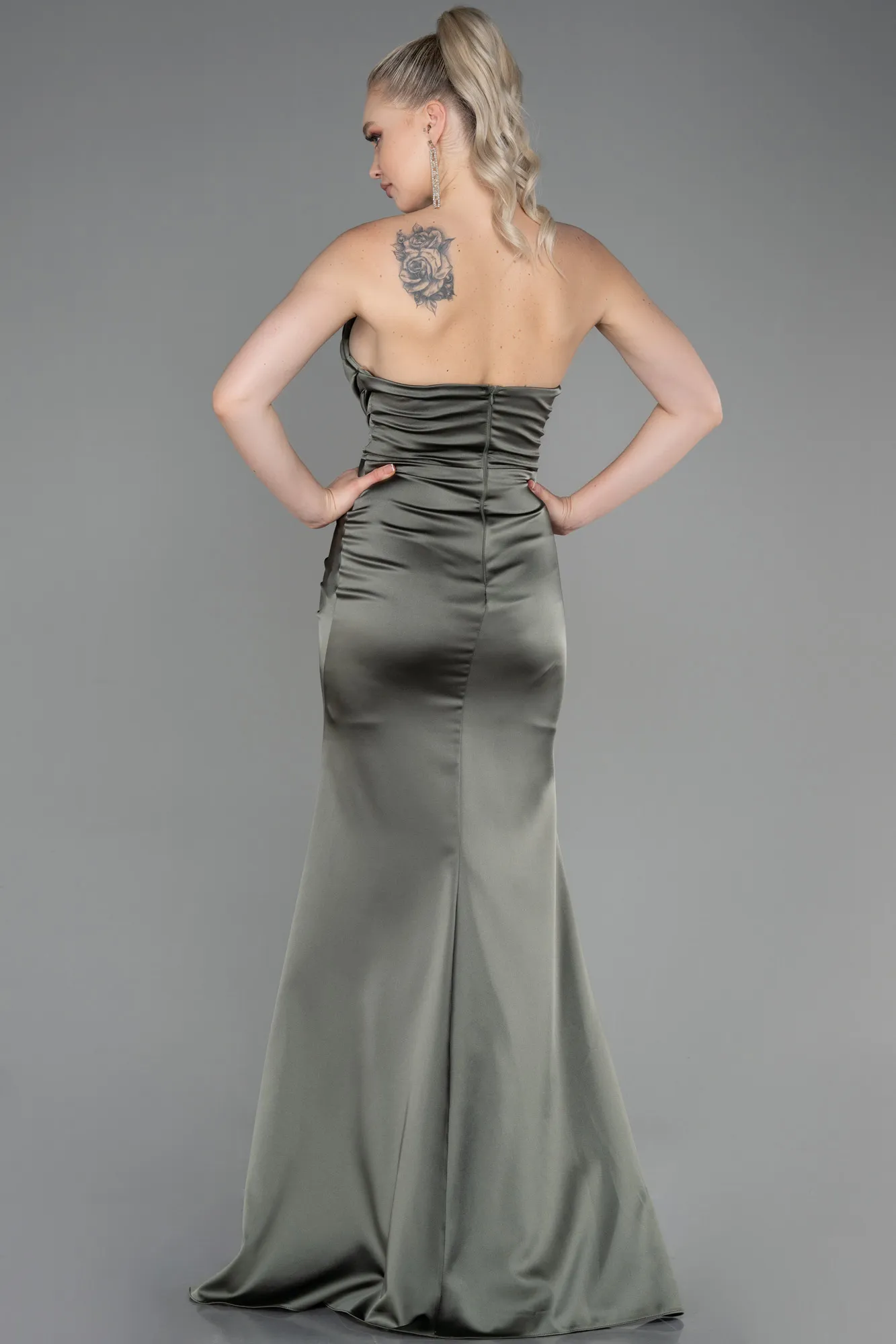 Olive Drab-Long Satin Mermaid Evening Dress ABU3232