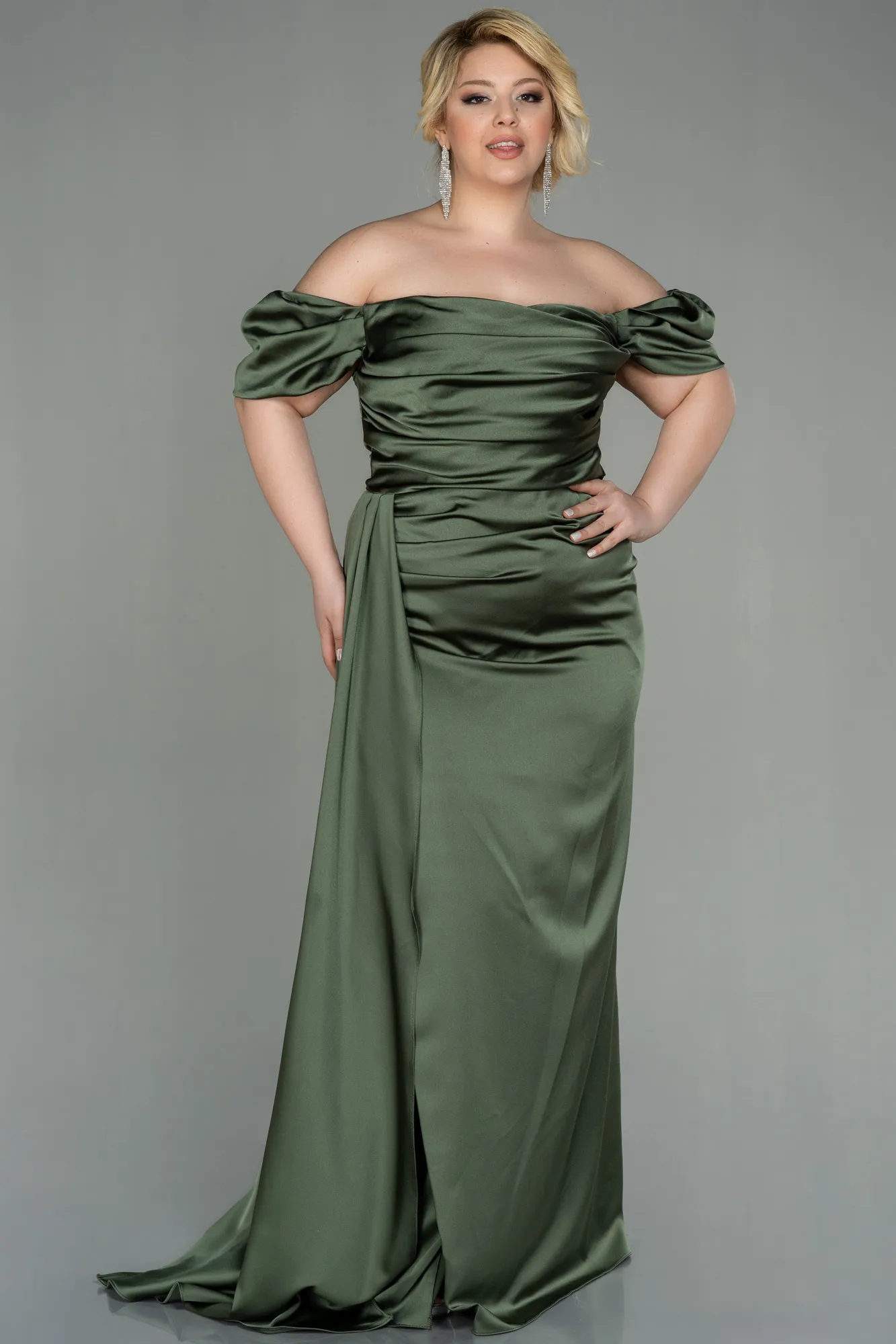 Olive Drab-Long Satin Plus Size Evening Dress ABU1626