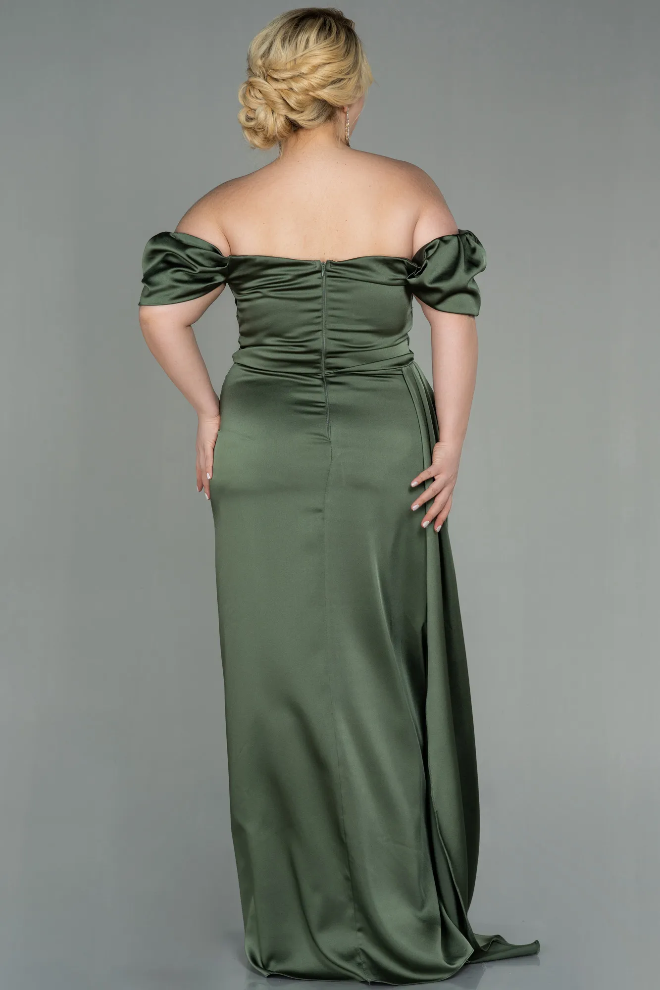 Olive Drab-Long Satin Plus Size Evening Dress ABU1626