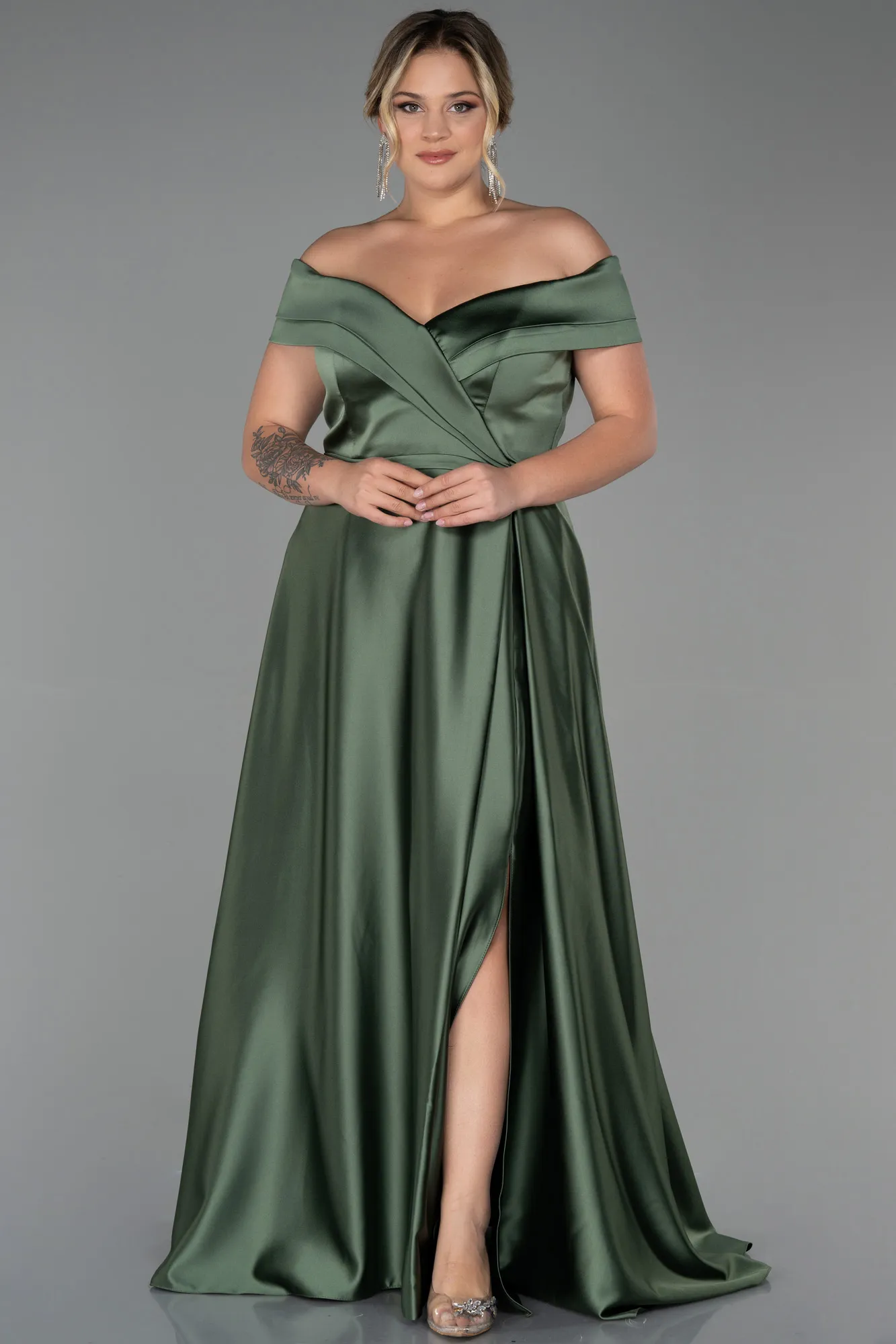Olive Drab-Long Satin Plus Size Evening Dress ABU2355