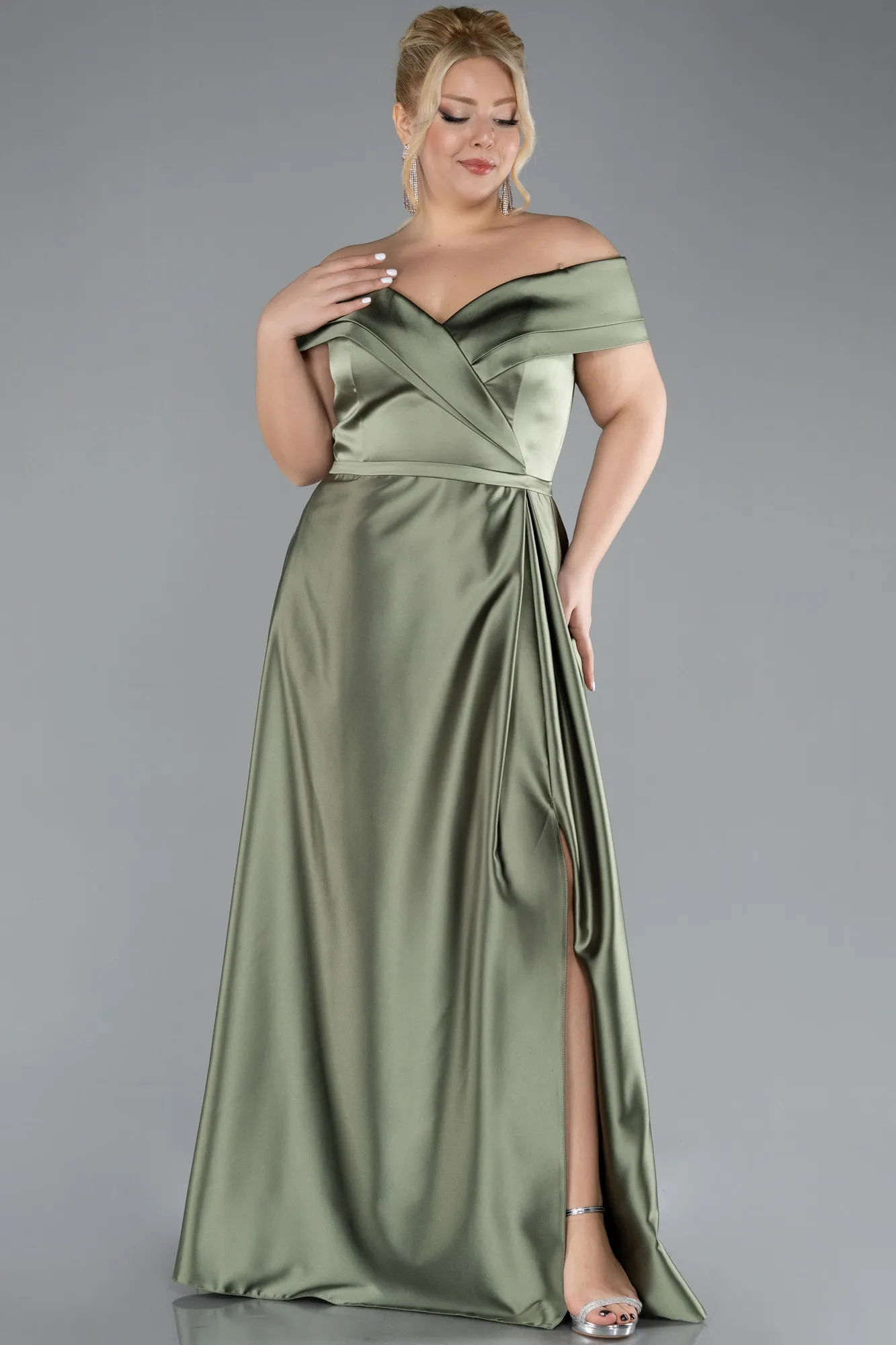 Olive Drab-Long Satin Plus Size Evening Dress ABU2355