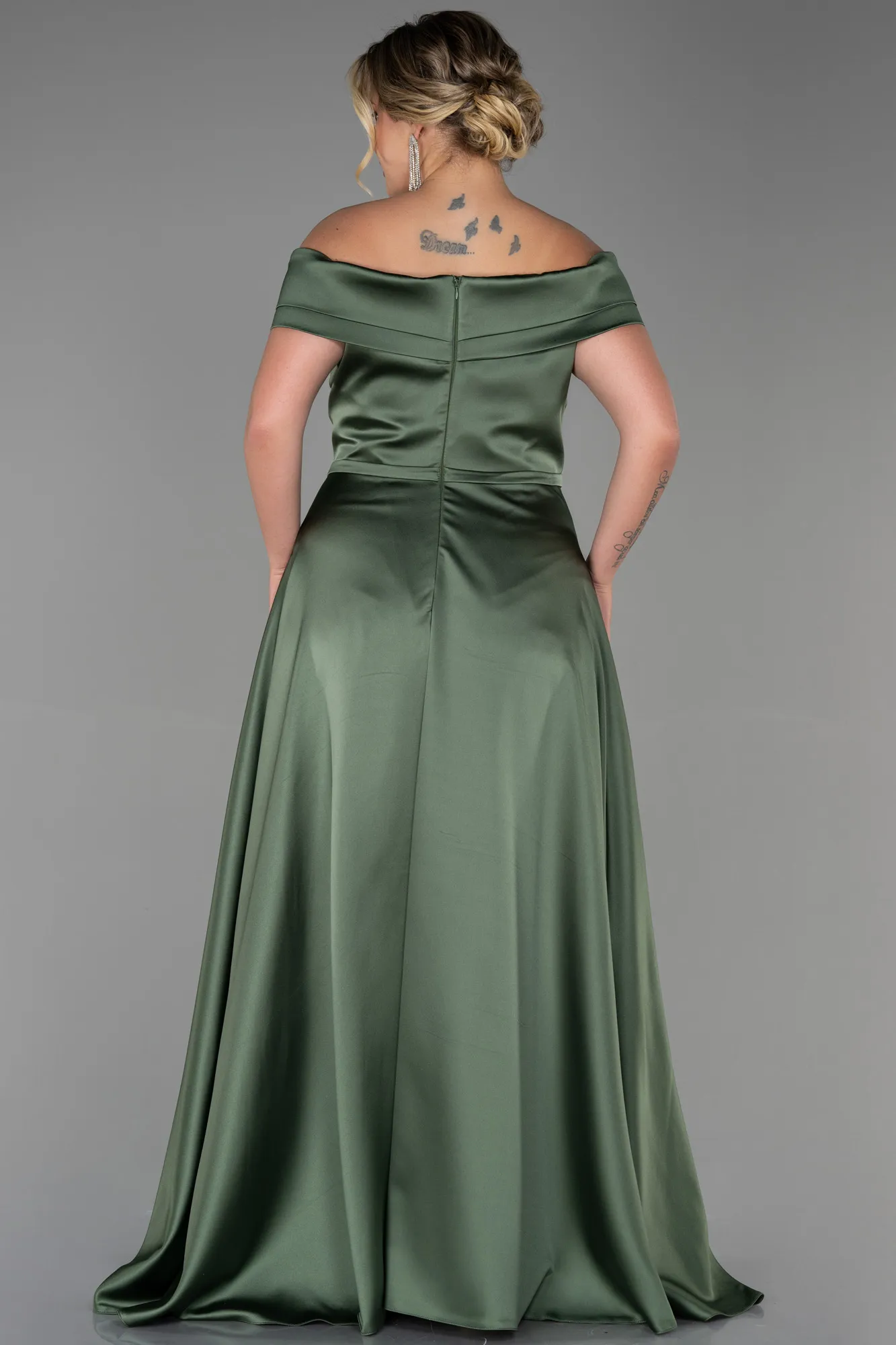 Olive Drab-Long Satin Plus Size Evening Dress ABU2355