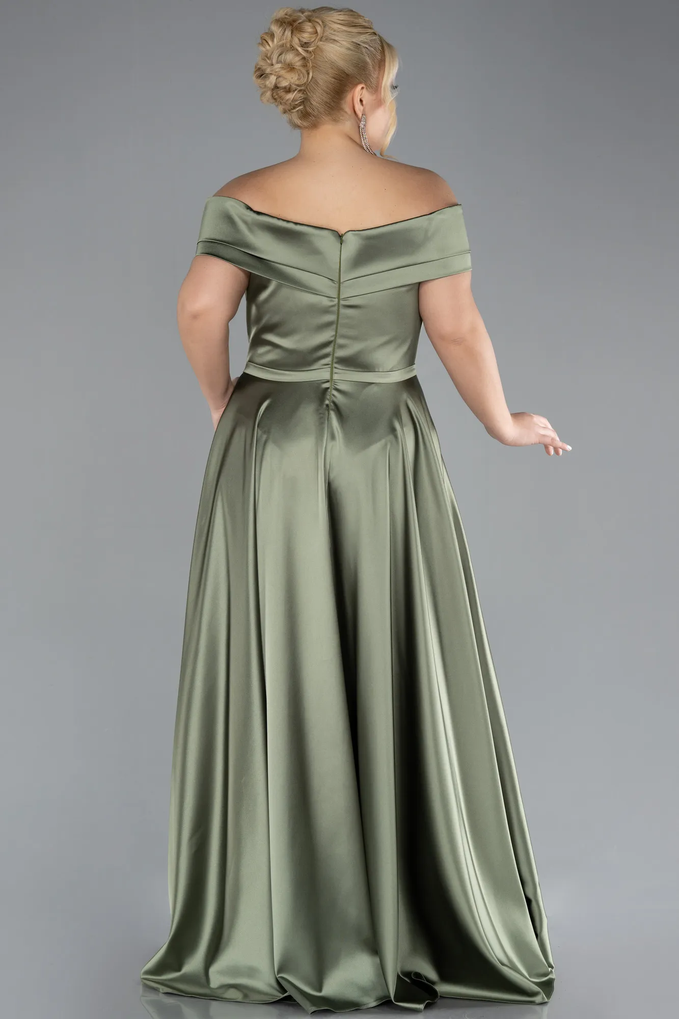 Olive Drab-Long Satin Plus Size Evening Dress ABU2355