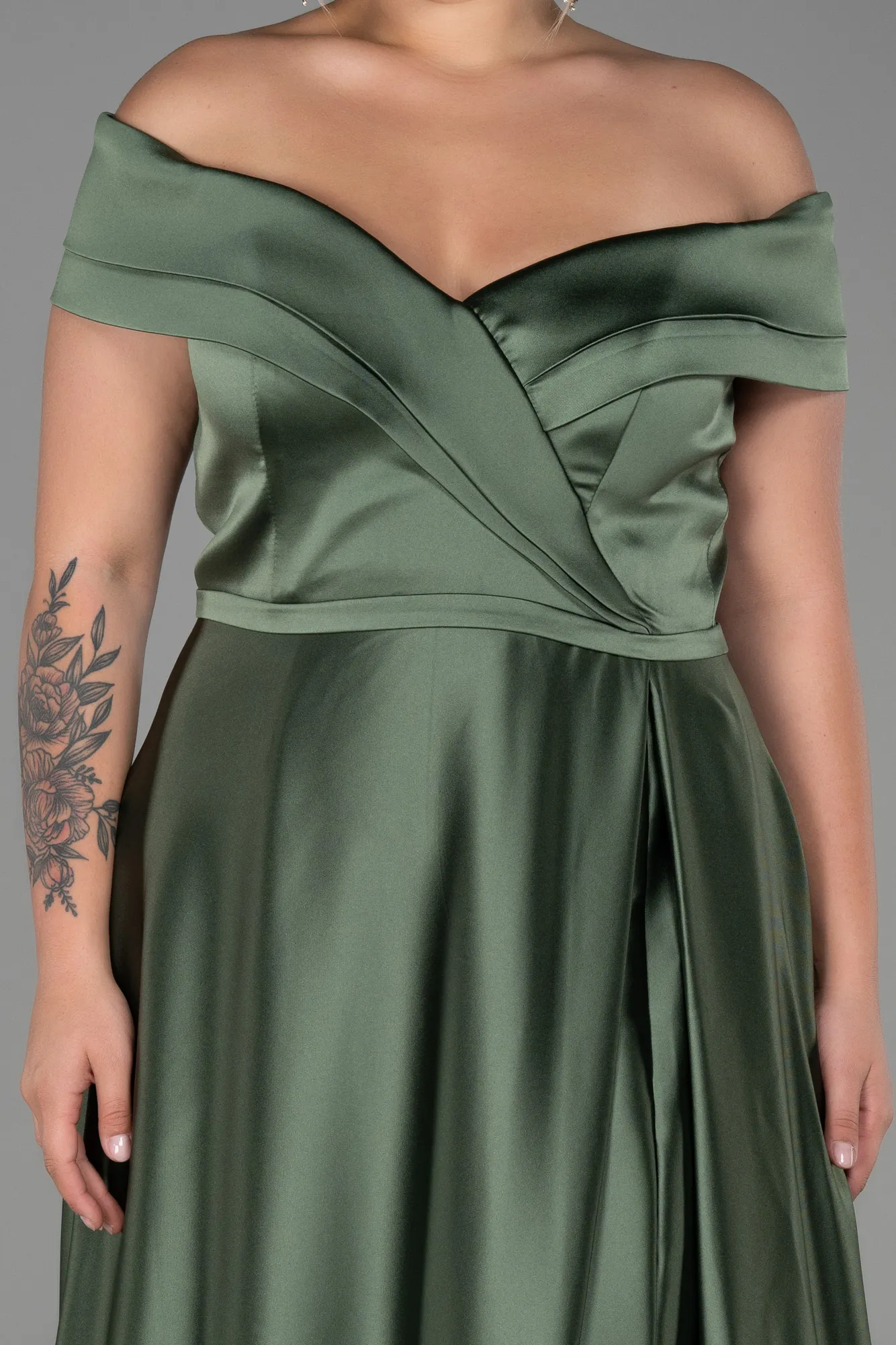 Olive Drab-Long Satin Plus Size Evening Dress ABU2355