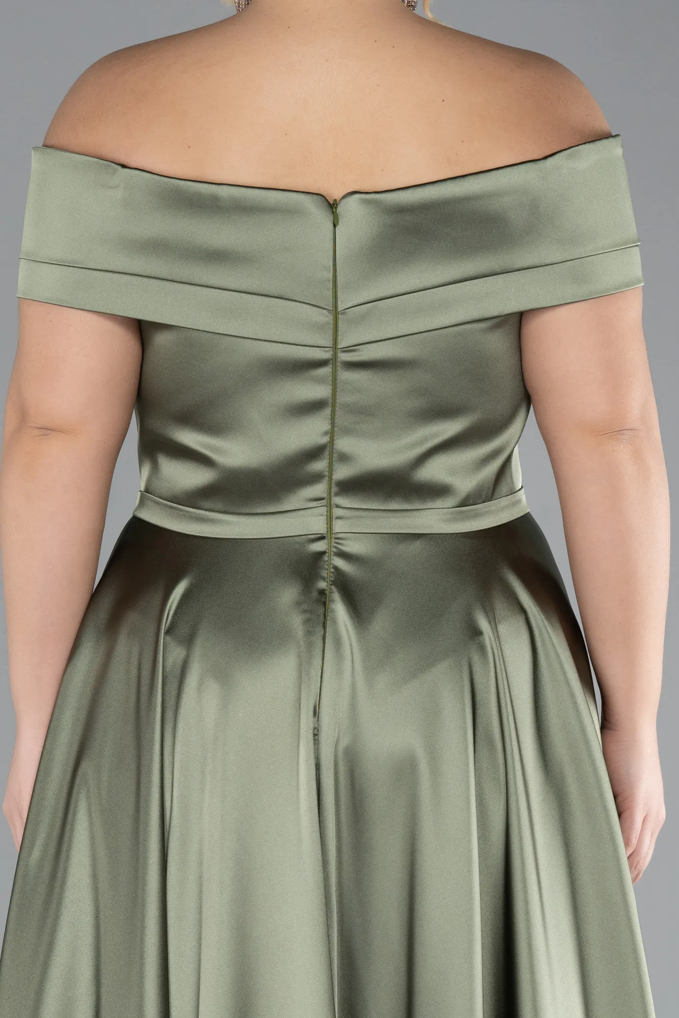 Olive Drab-Long Satin Plus Size Evening Dress ABU2355