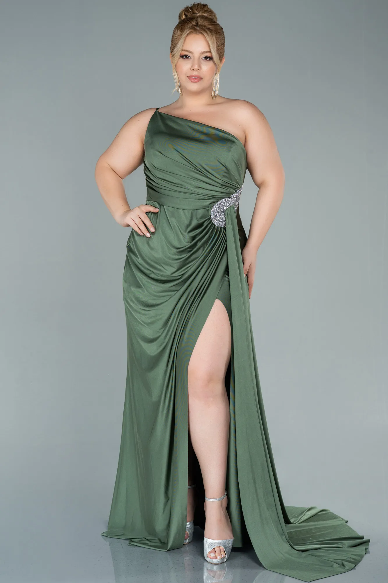 Olive Drab-Long Satin Plus Size Evening Dress ABU2532