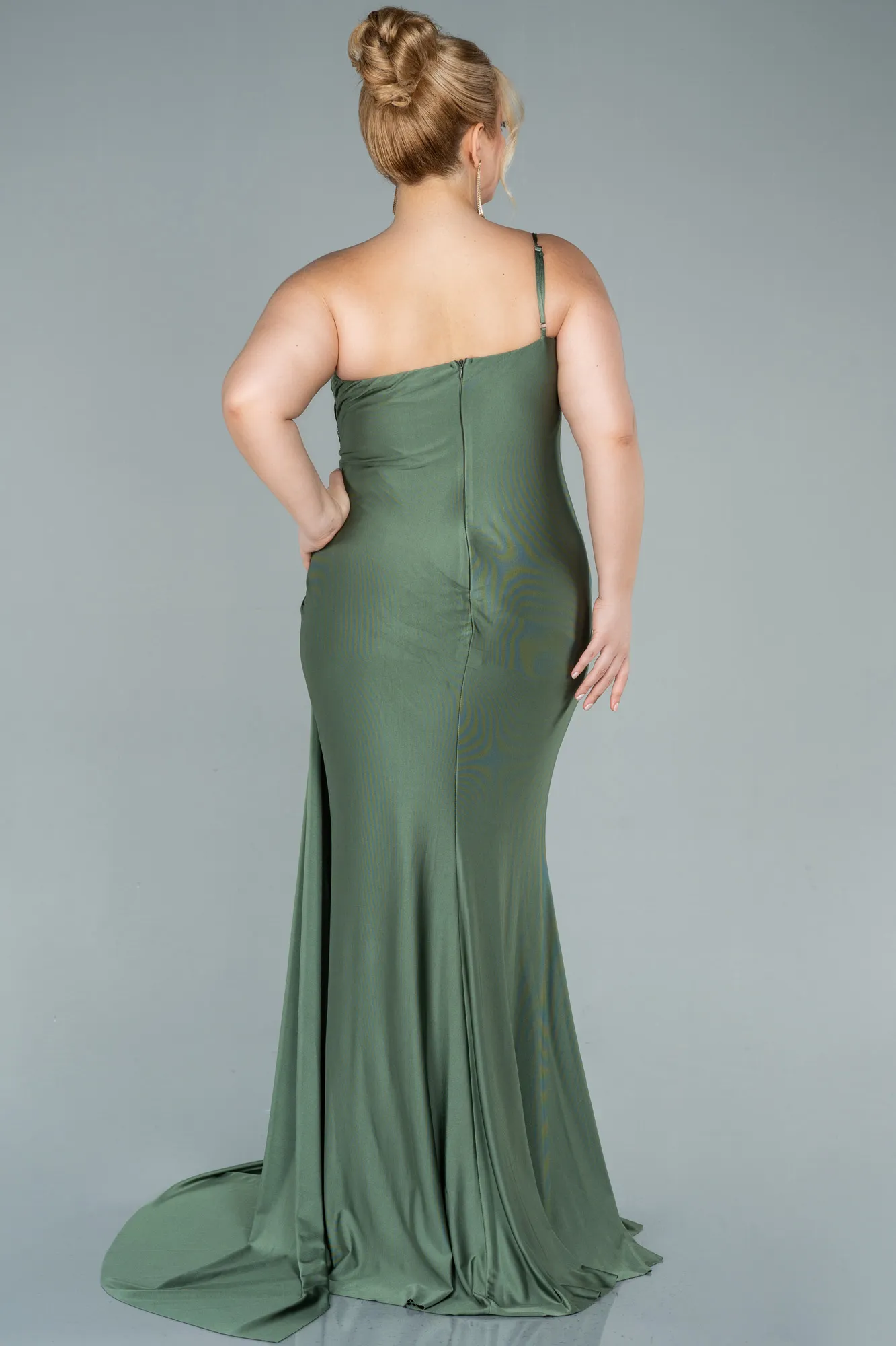 Olive Drab-Long Satin Plus Size Evening Dress ABU2532