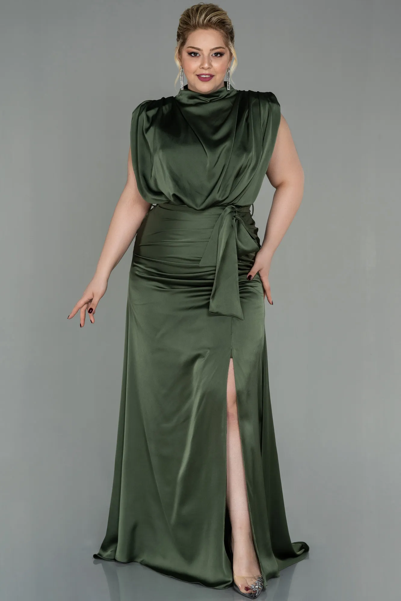 Olive Drab-Long Satin Plus Size Evening Dress ABU2969