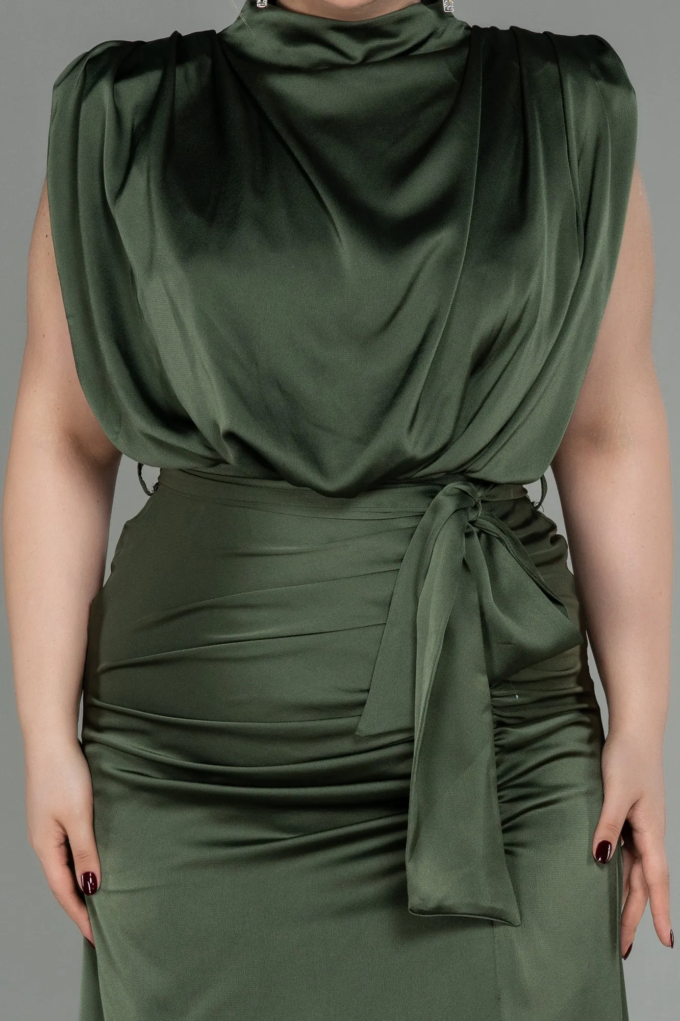 Olive Drab-Long Satin Plus Size Evening Dress ABU2969
