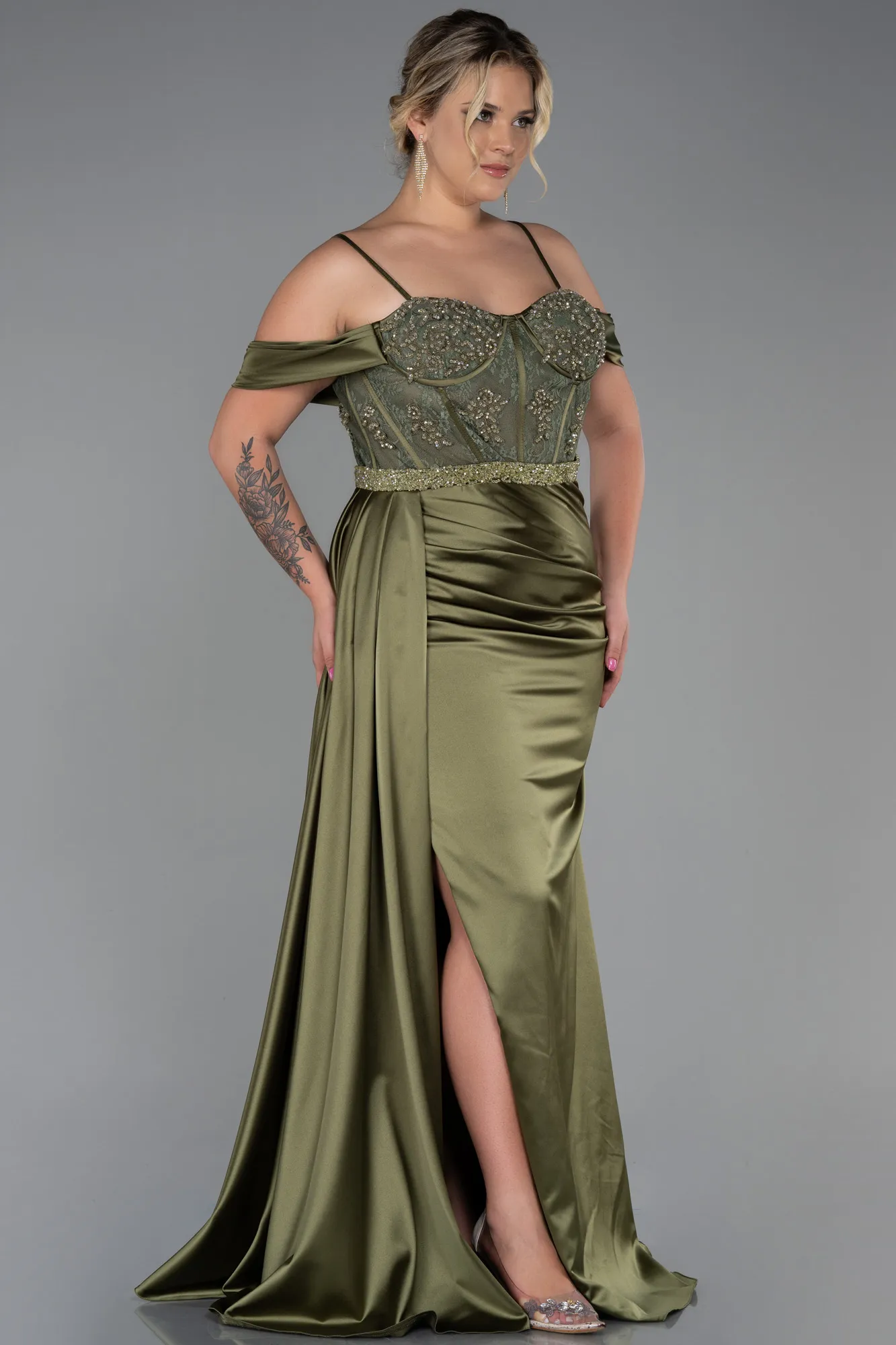 Olive Drab-Long Satin Plus Size Evening Dress ABU3228