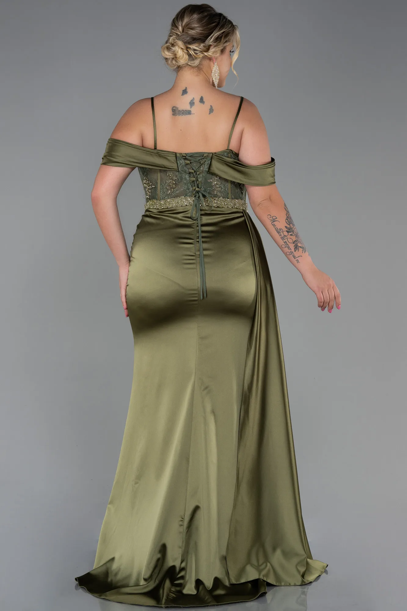 Olive Drab-Long Satin Plus Size Evening Dress ABU3228