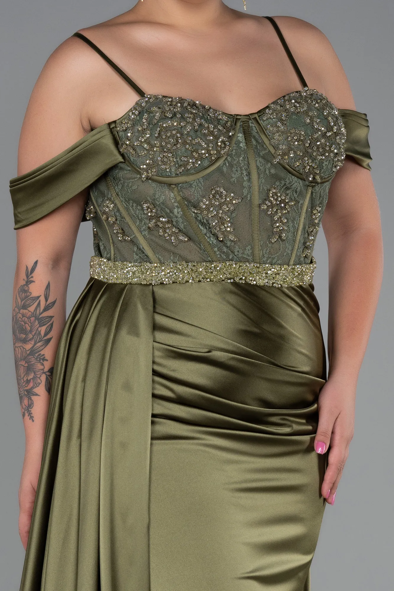 Olive Drab-Long Satin Plus Size Evening Dress ABU3228