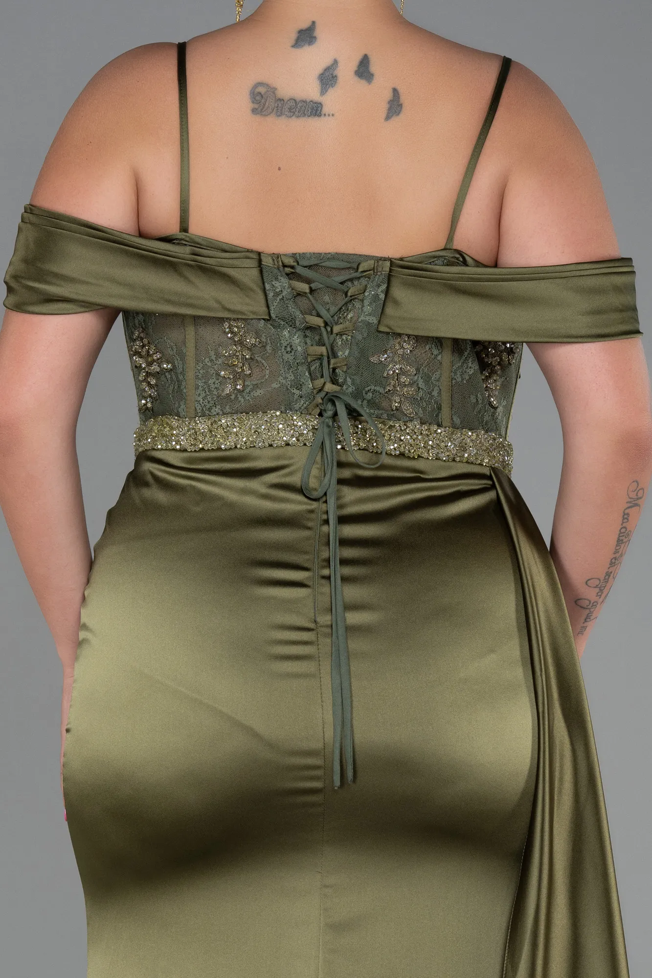 Olive Drab-Long Satin Plus Size Evening Dress ABU3228