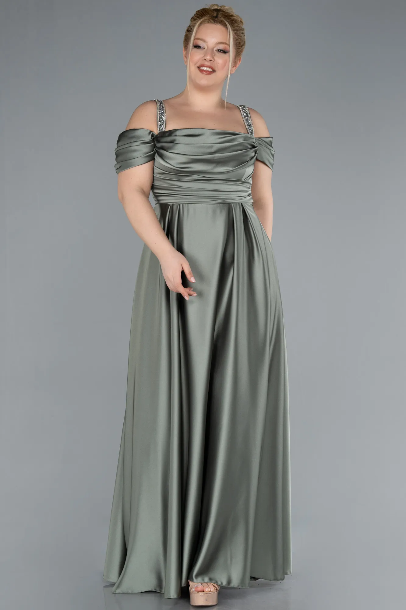 Olive Drab-Long Satin Plus Size Evening Dress ABU3277