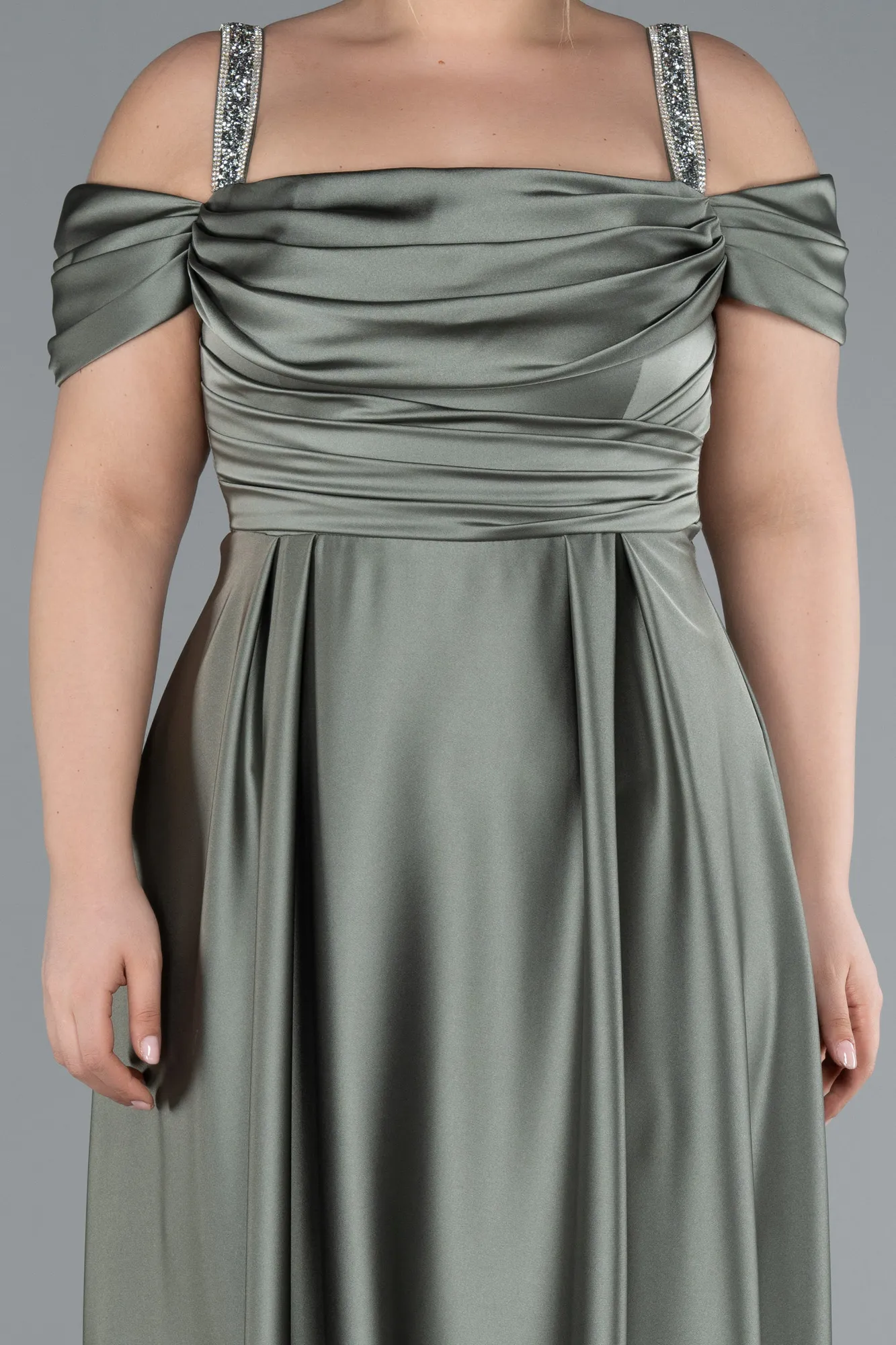 Olive Drab-Long Satin Plus Size Evening Dress ABU3277