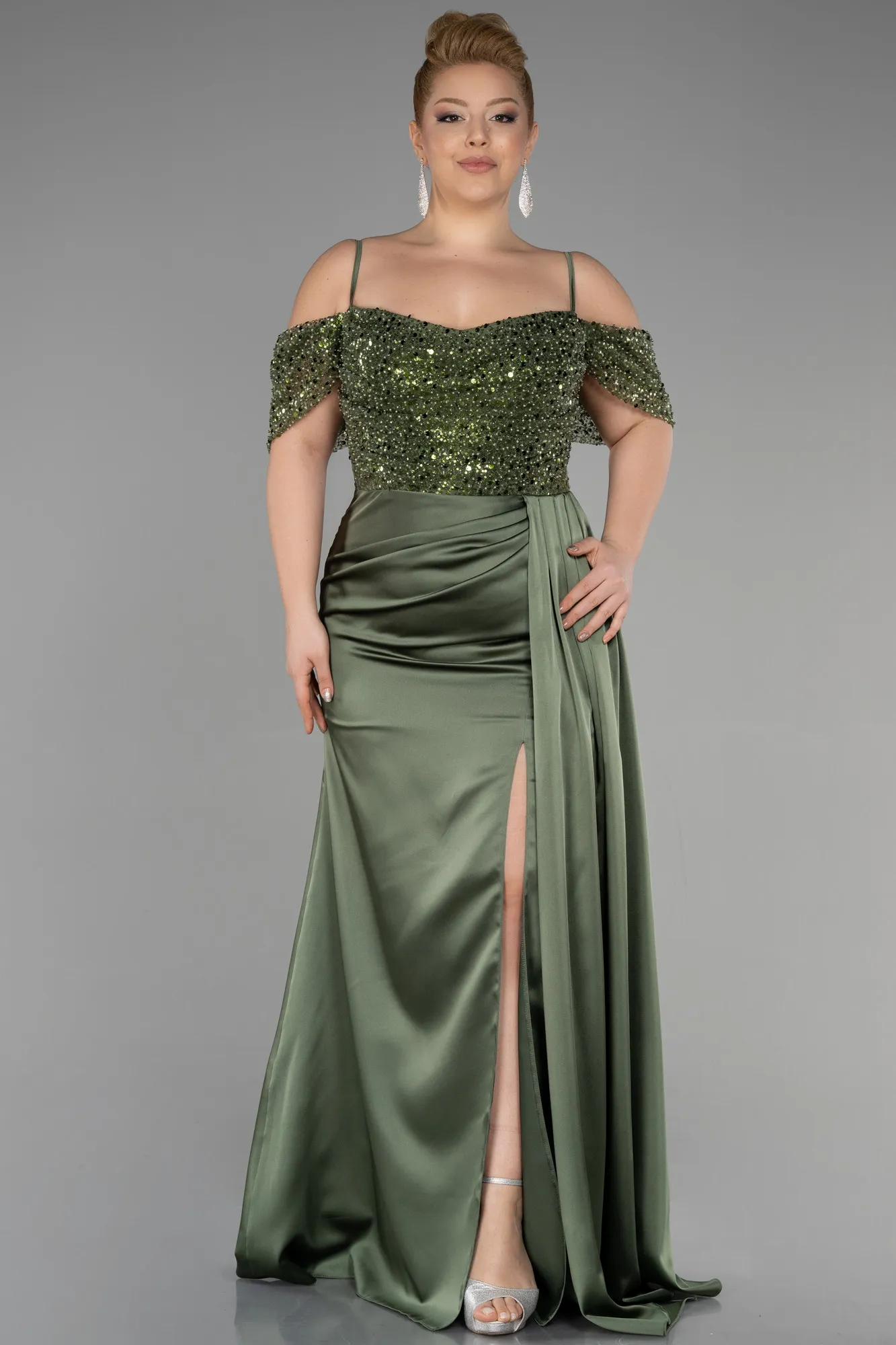 Olive Drab-Long Satin Plus Size Evening Dress ABU3522