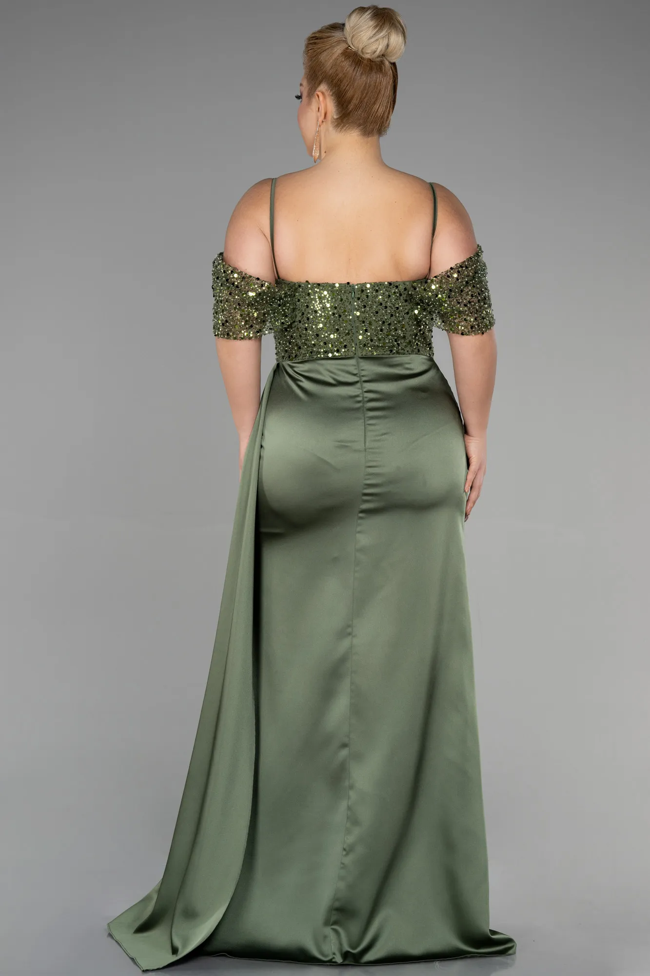 Olive Drab-Long Satin Plus Size Evening Dress ABU3522