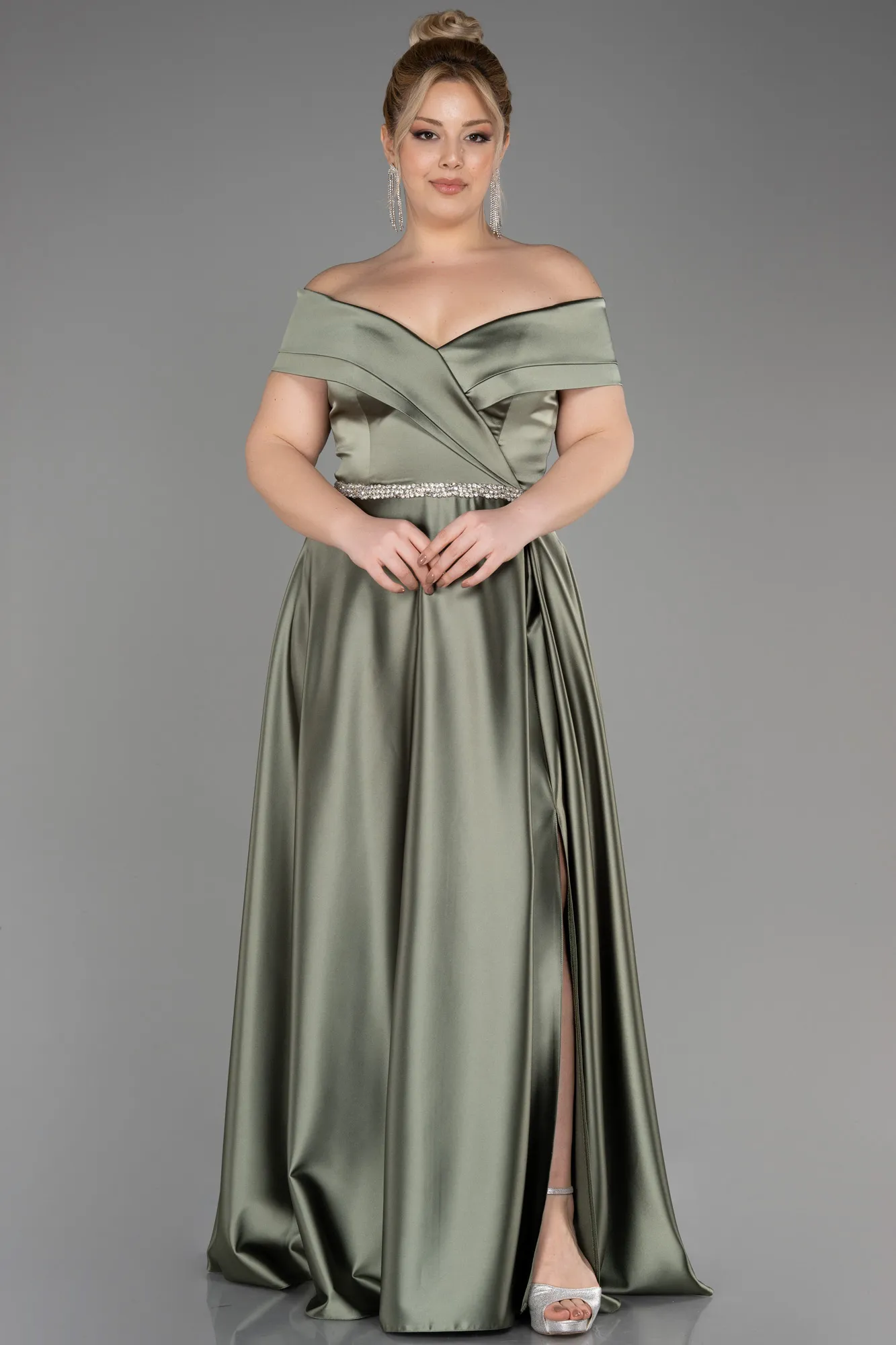 Olive Drab-Long Satin Plus Size Wedding Dress ABU3801