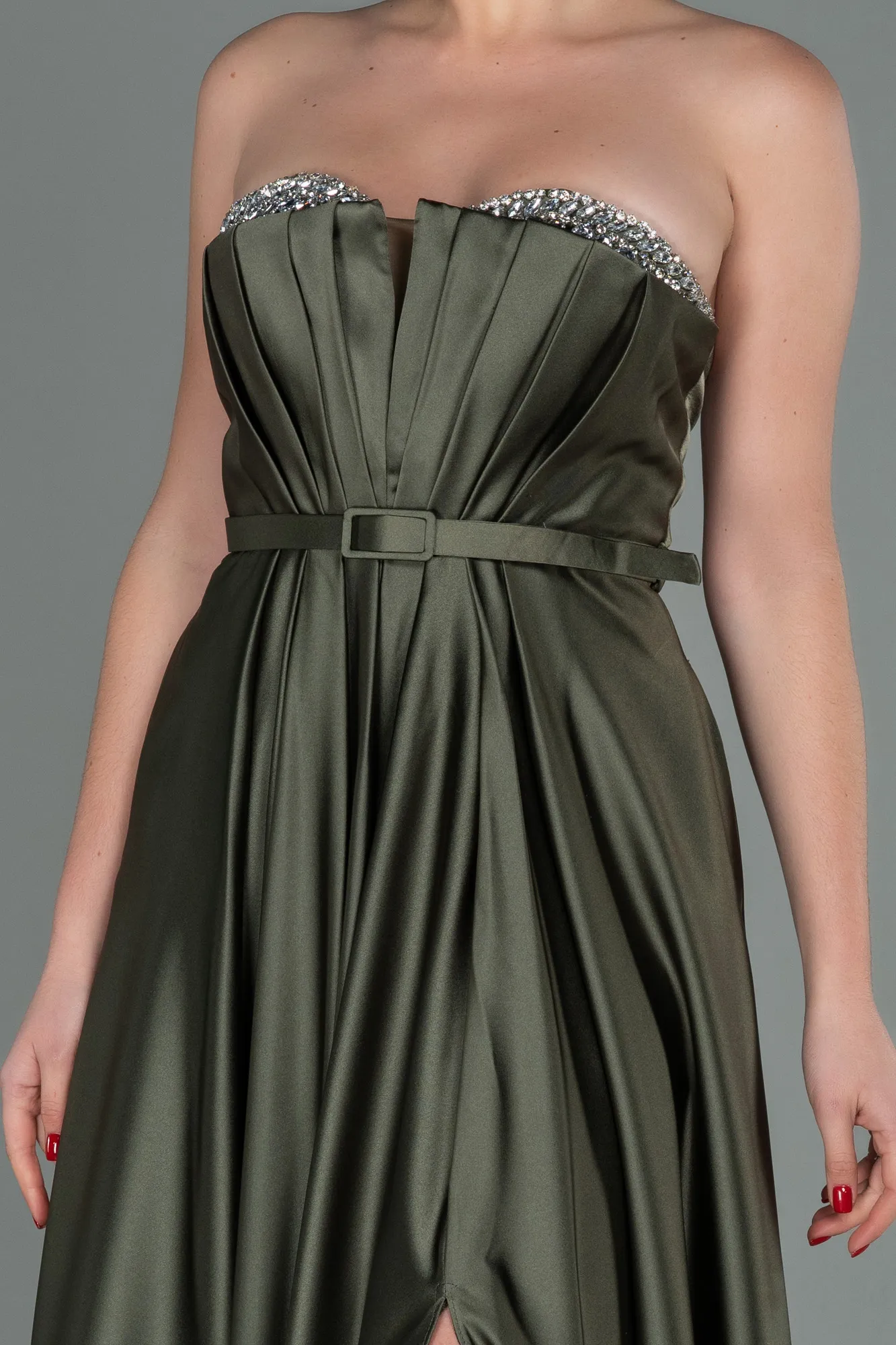 Olive Drab-Long Satin Prom Gown ABU2543