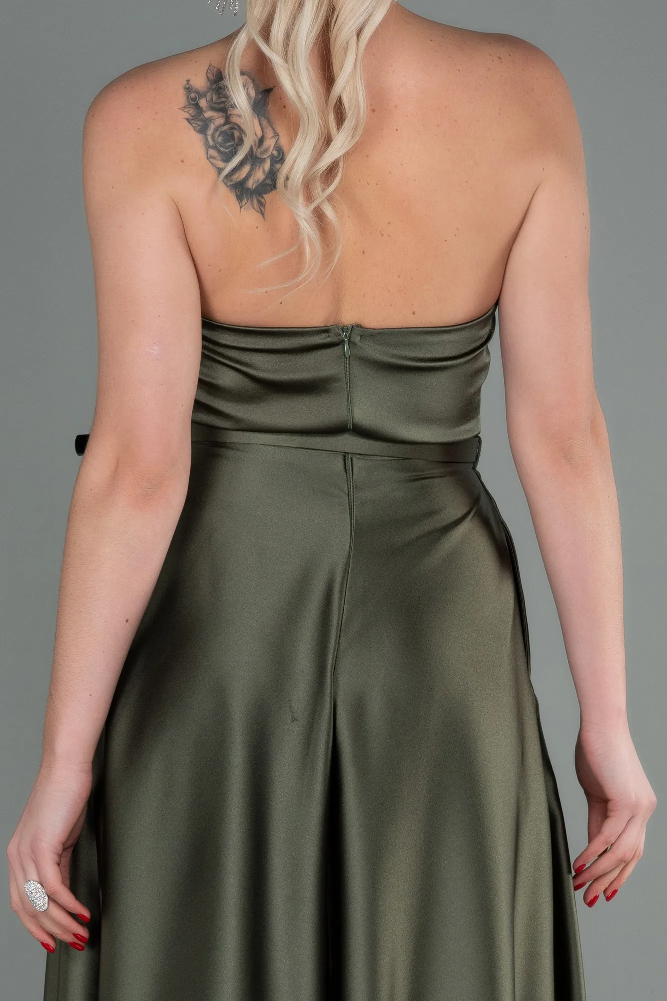 Olive Drab-Long Satin Prom Gown ABU2543