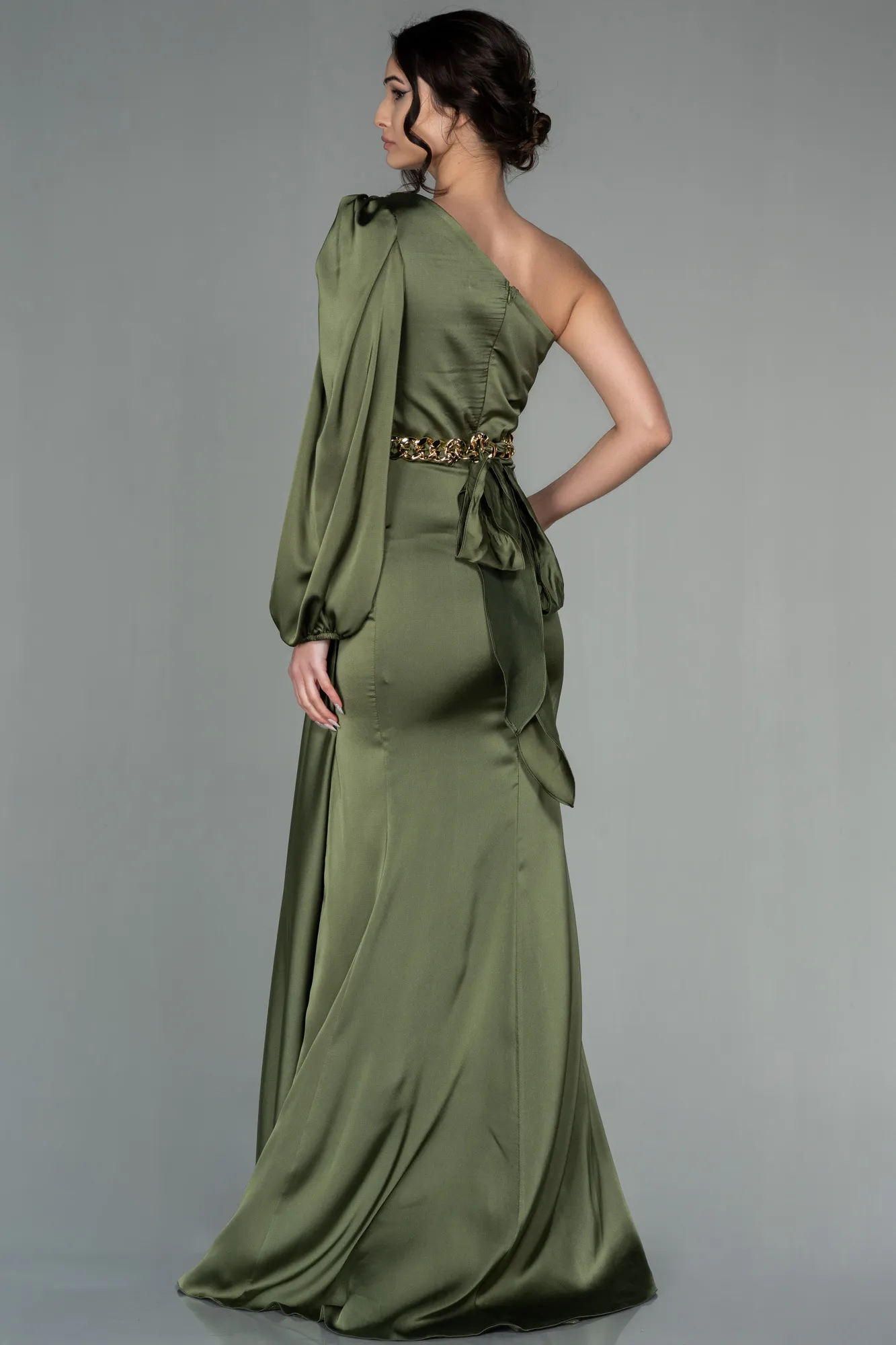 Olive Drab-Long Satin Prom Gown ABU2625
