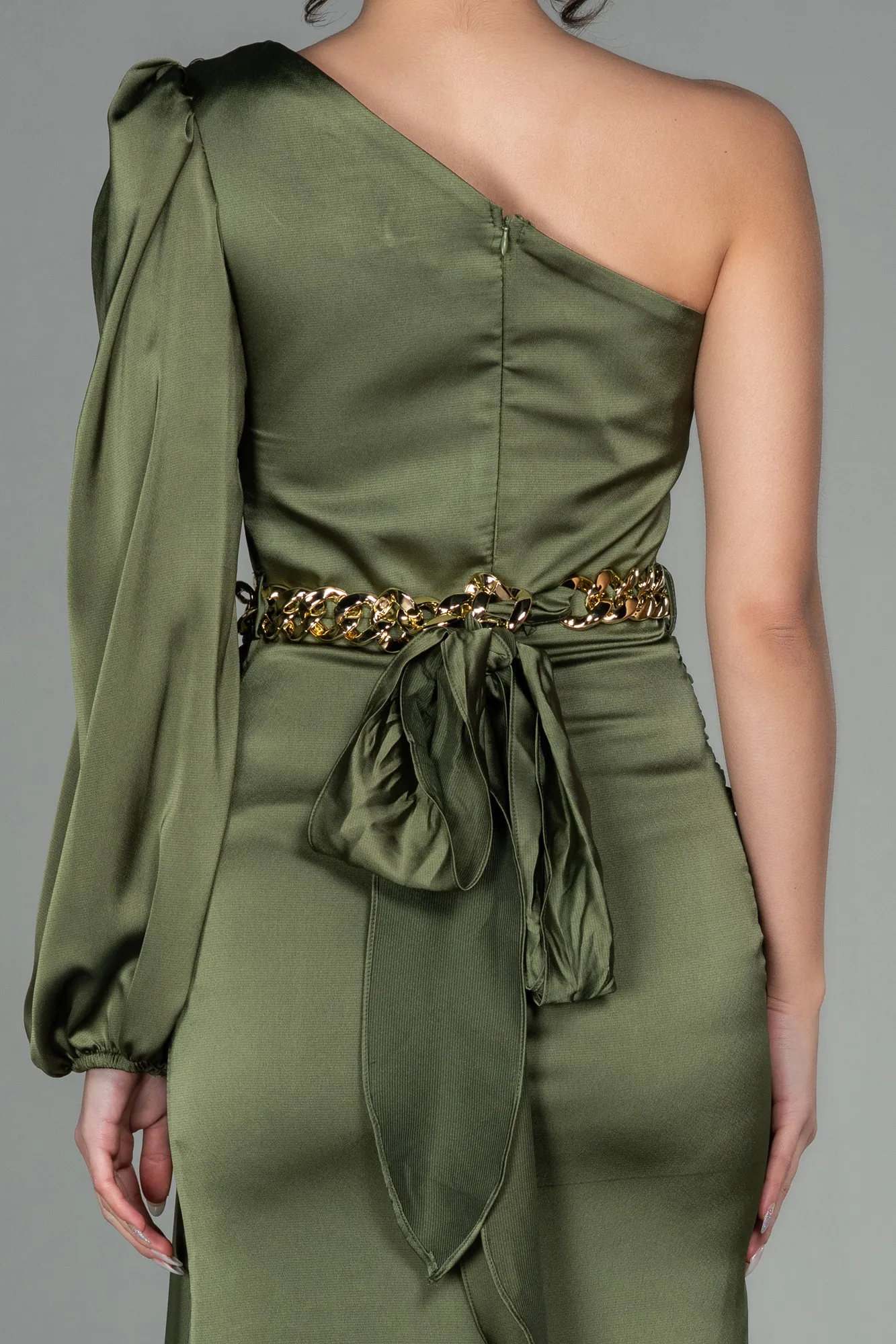 Olive Drab-Long Satin Prom Gown ABU2625
