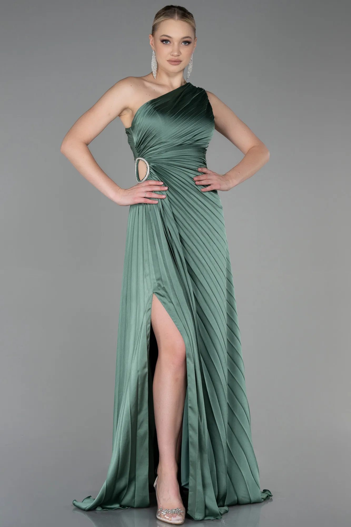 Olive Drab-Long Satin Prom Gown ABU3159