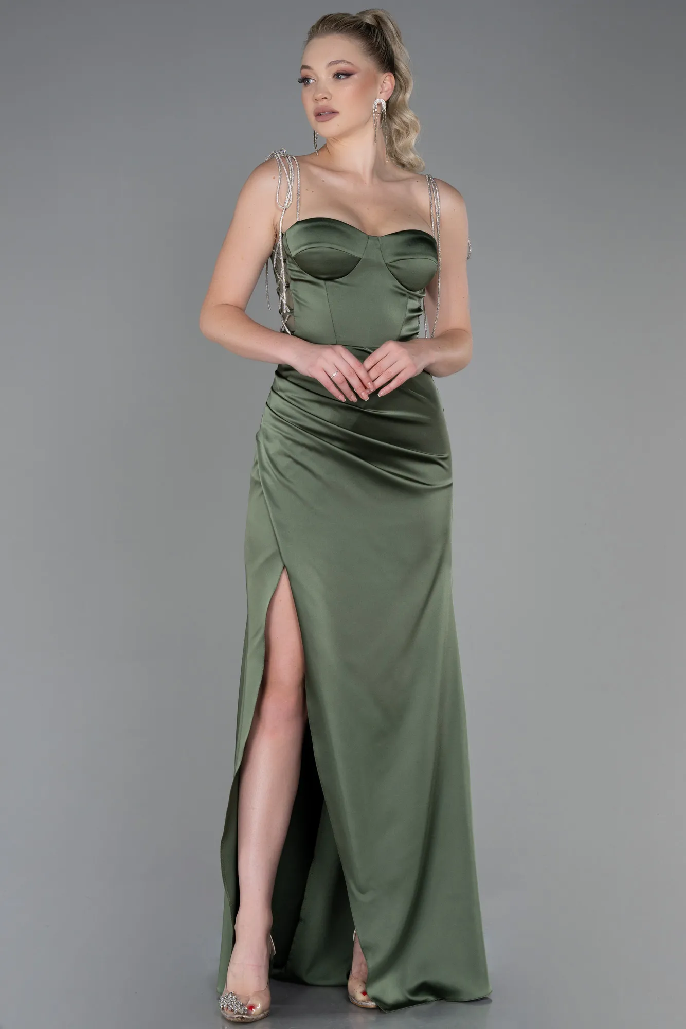 Olive Drab-Long Satin Prom Gown ABU3198