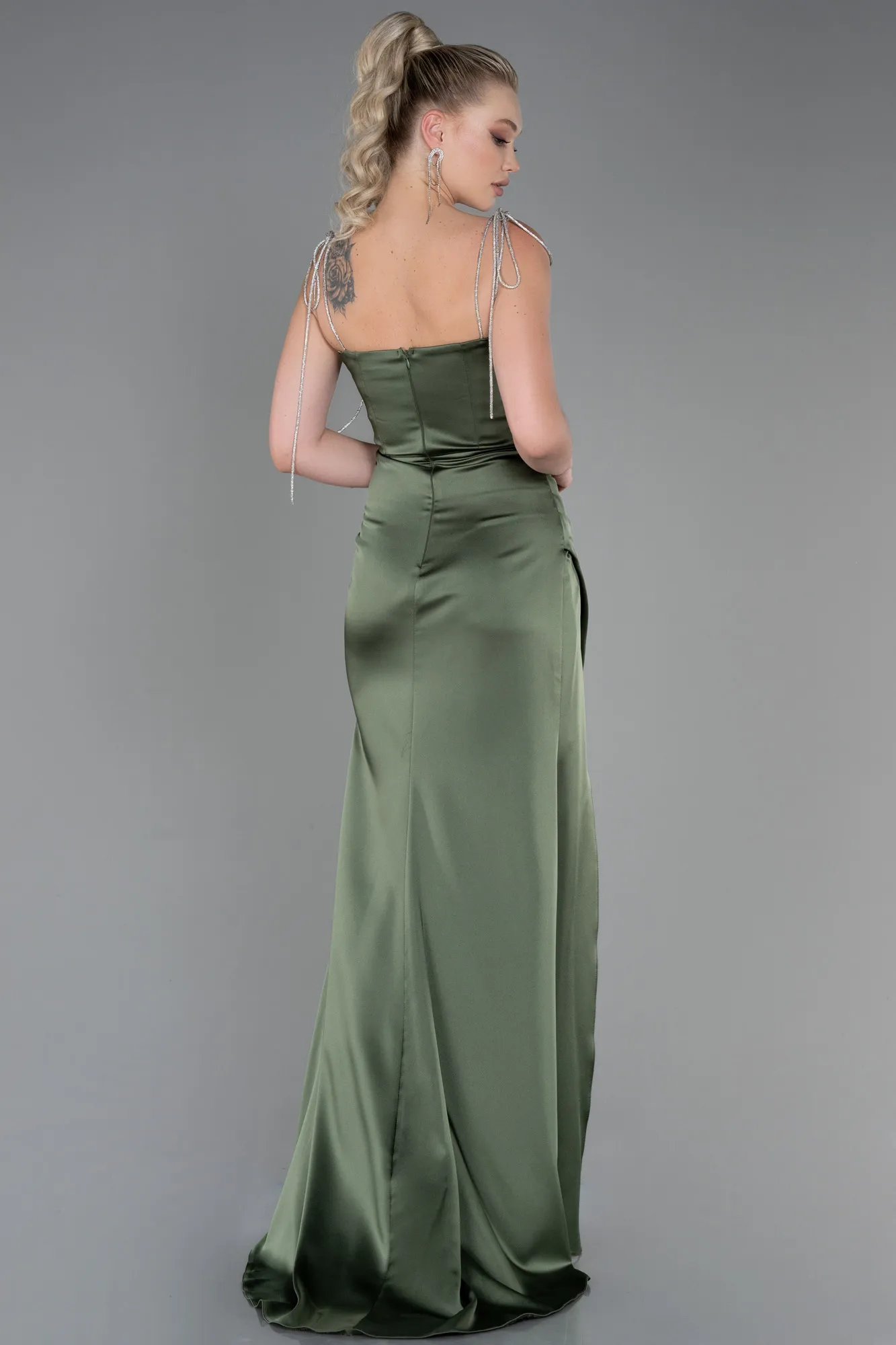 Olive Drab-Long Satin Prom Gown ABU3198