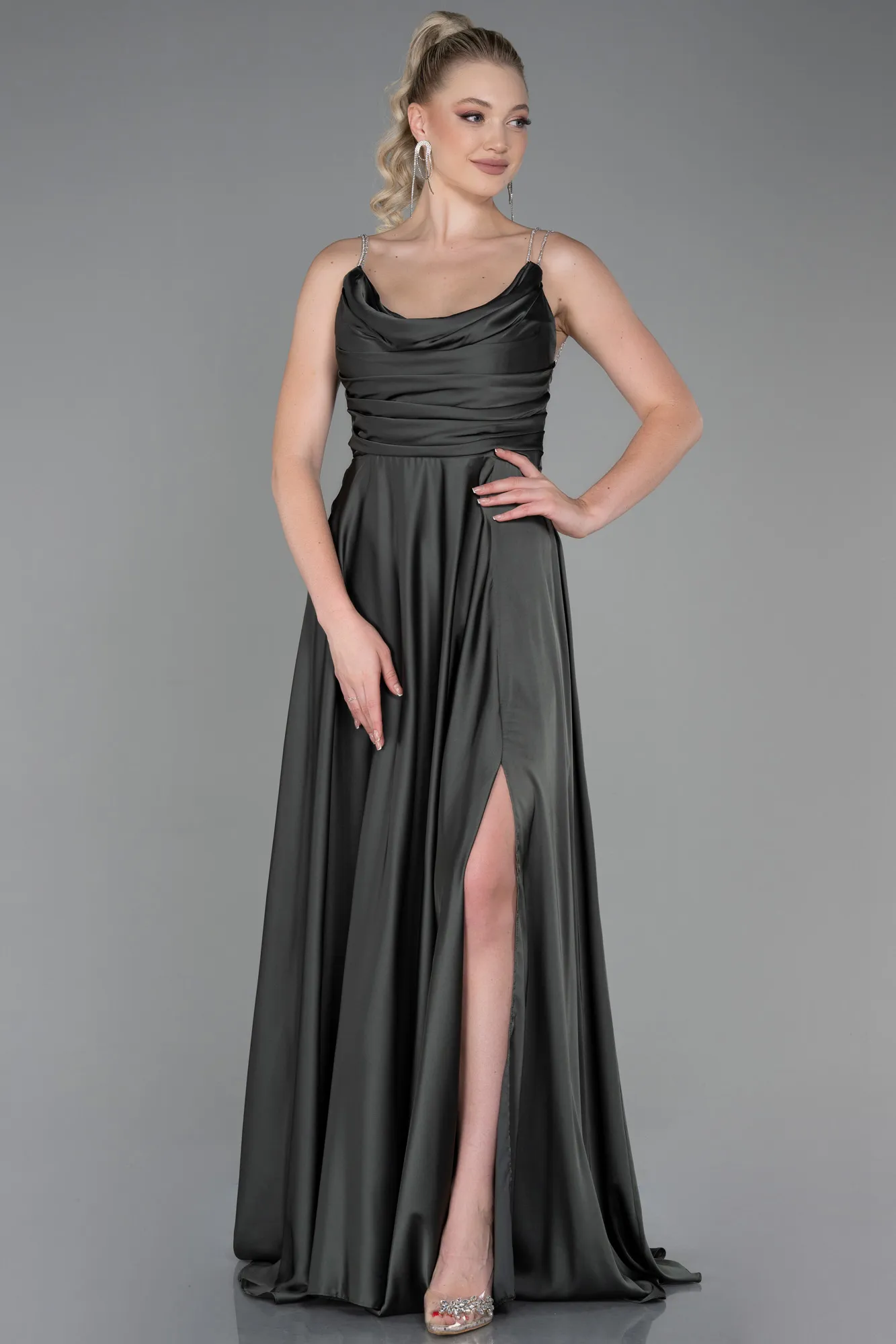 Olive Drab-Long Satin Prom Gown ABU3275
