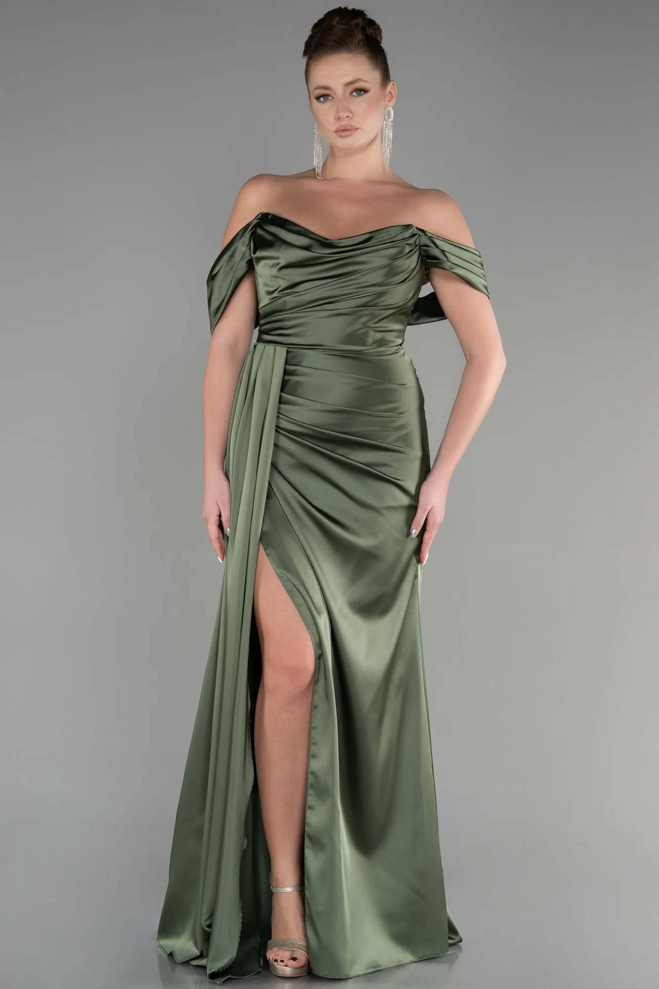 Olive Drab-Long Satin Prom Gown ABU3514