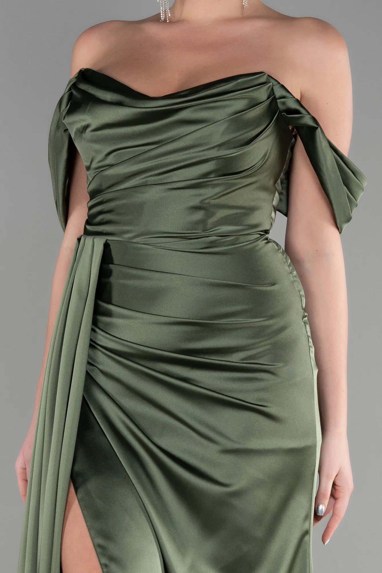 Olive Drab-Long Satin Prom Gown ABU3514