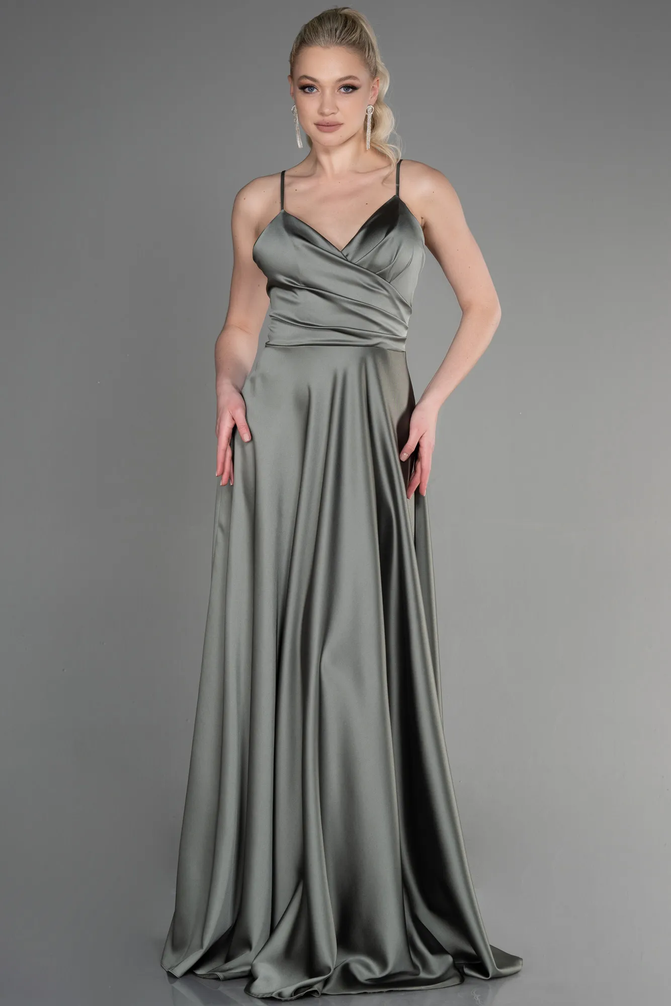 Olive Drab-Long Satin Prom Gown ABU3610